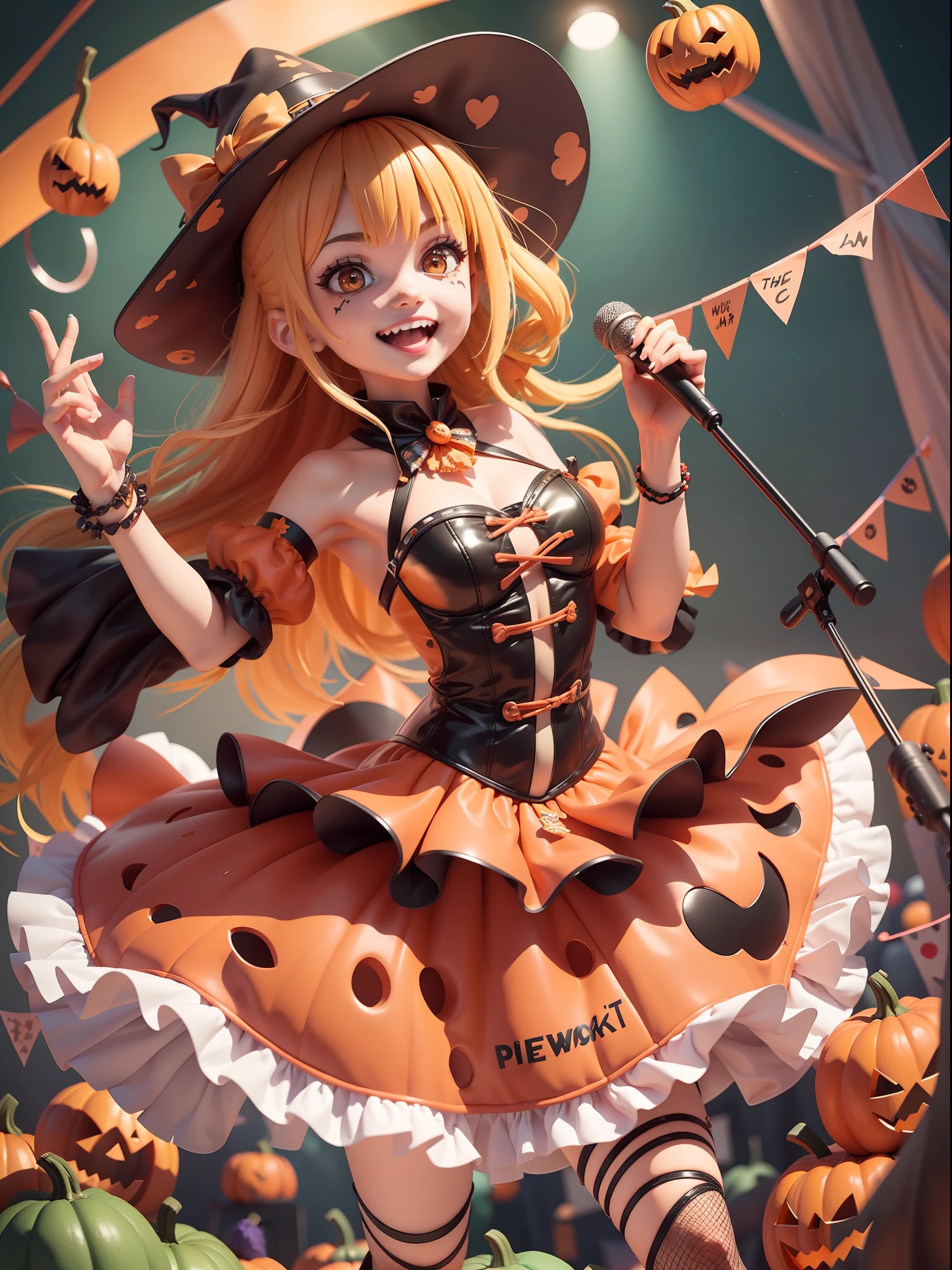 Rock 'n' roll scene,There are drum kits and basses,The lead singer in a pumpkin costume dances in the spotlight!There are a lot of ratings out there
Girls dressed in pumpkin and zombie costumes playing pumpkin drums on the Halloween celebration stage), (Electric guitar:1.1), (keyboard:1.1), (Drums made with pumpkins and sweets:1.0) ,The girl is dressed in a ghost costume, zombi, and witches, Bold poses and passionate performances,Makeup in all sorts of scary images,Performing on stage, Lightweight jack-o'-lantern,(Confectionery), At the scene of the Halloween celebration,People are immersed in a joyful atmosphere. Jack-o-lanterns illuminate dark corners, There were happy smiles on people's faces