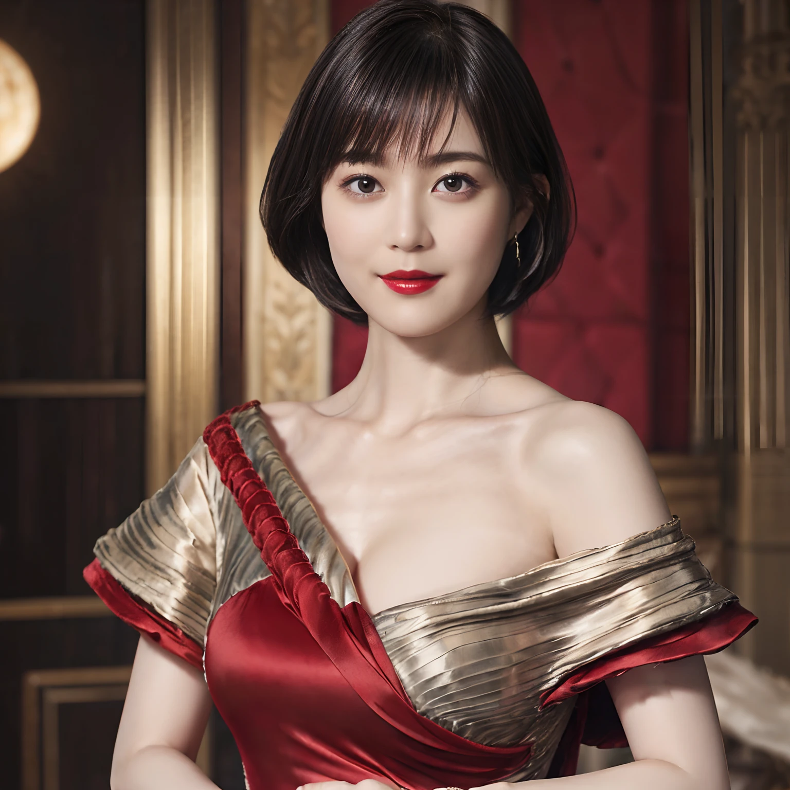 75
(20-year-old princess,is standing), (A hyper-realistic), (Masterpiece), ((short-hair:1.46)), (Smooth black hair), (breast:1.0), (kindly smile:0.9), (Luxurious dresses:1.46), Majestic palace, red lipsticks