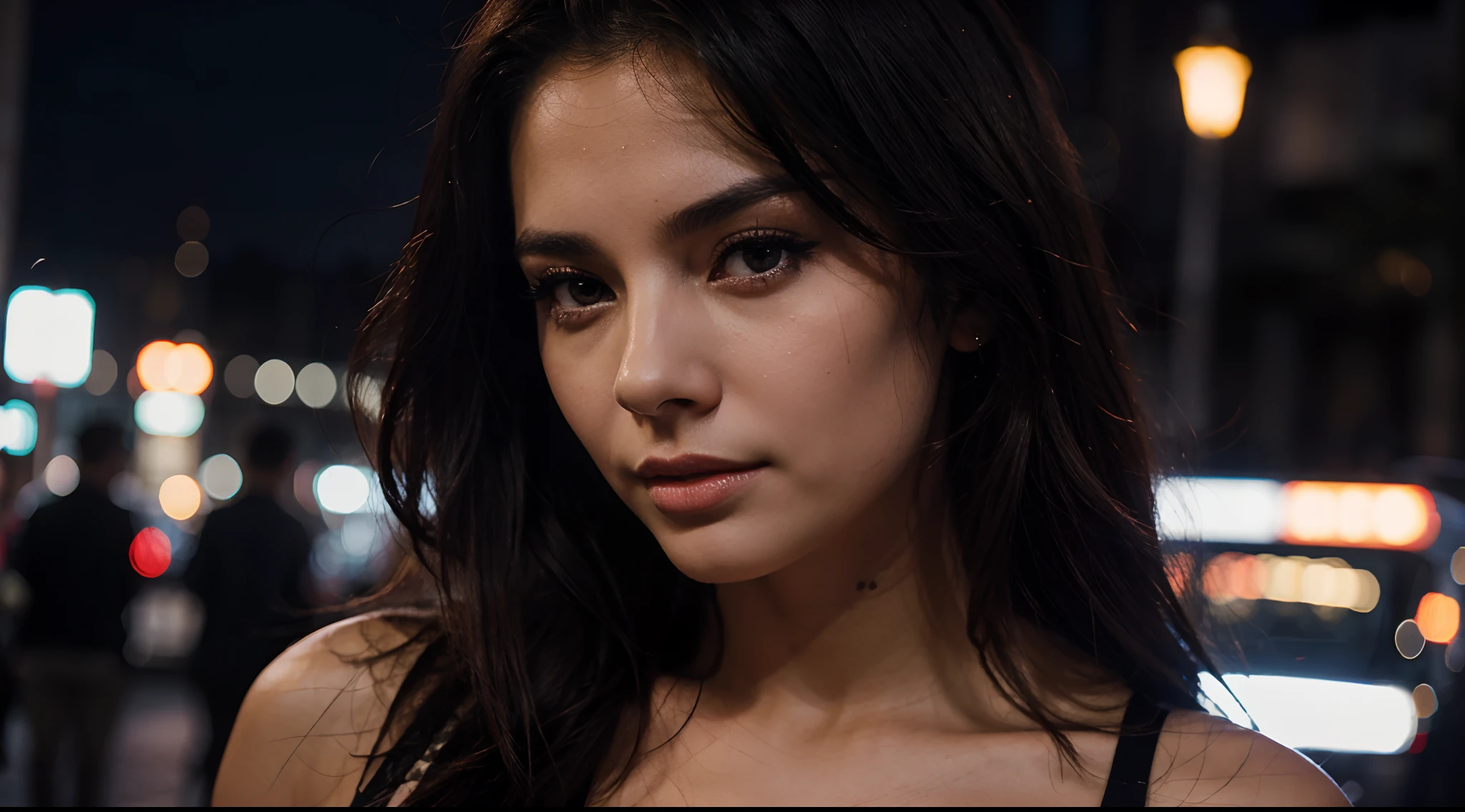 sensual woman look at central, close face, night, light