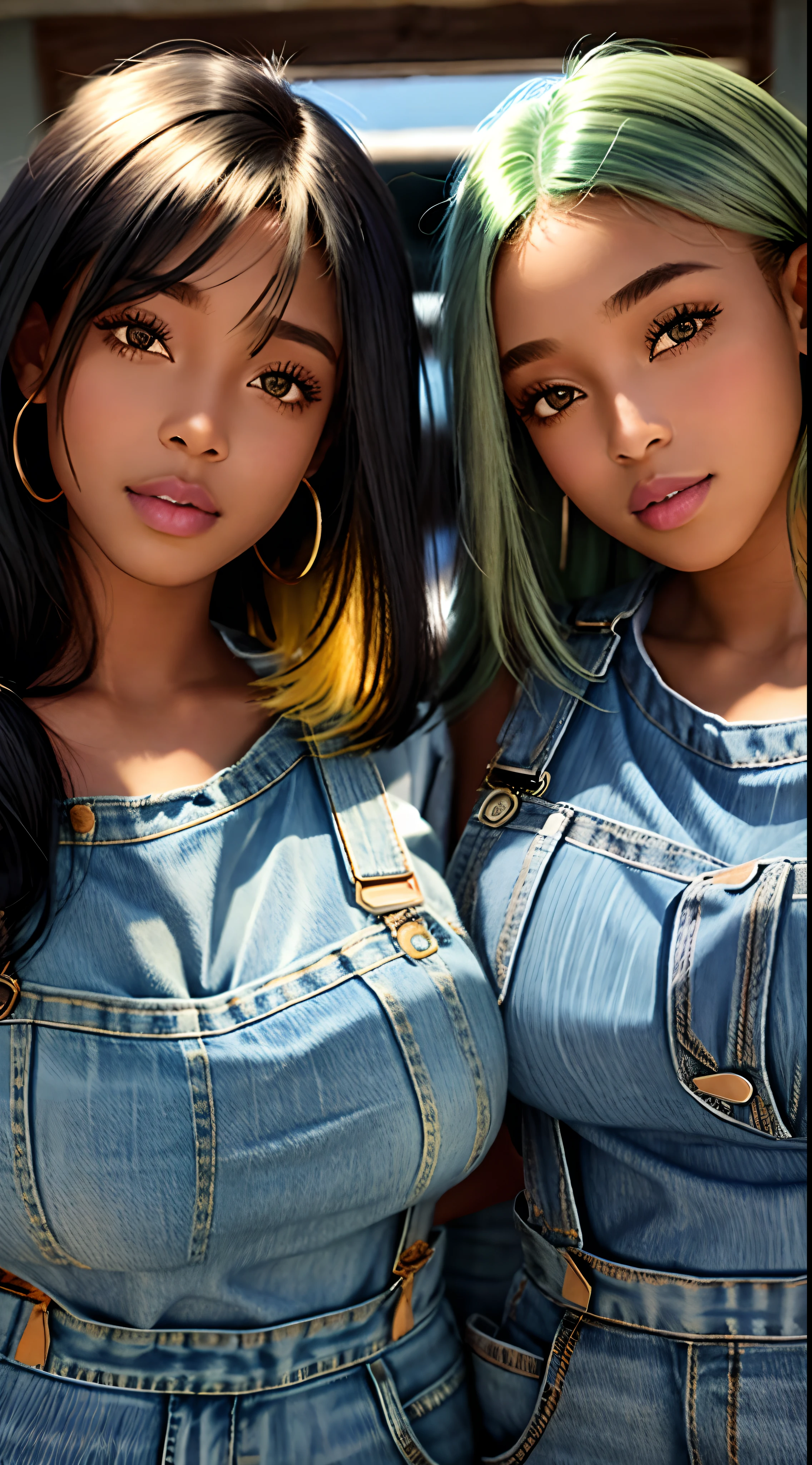 2 african american girls in denim overalls ,cabelo verde e olhos azuis