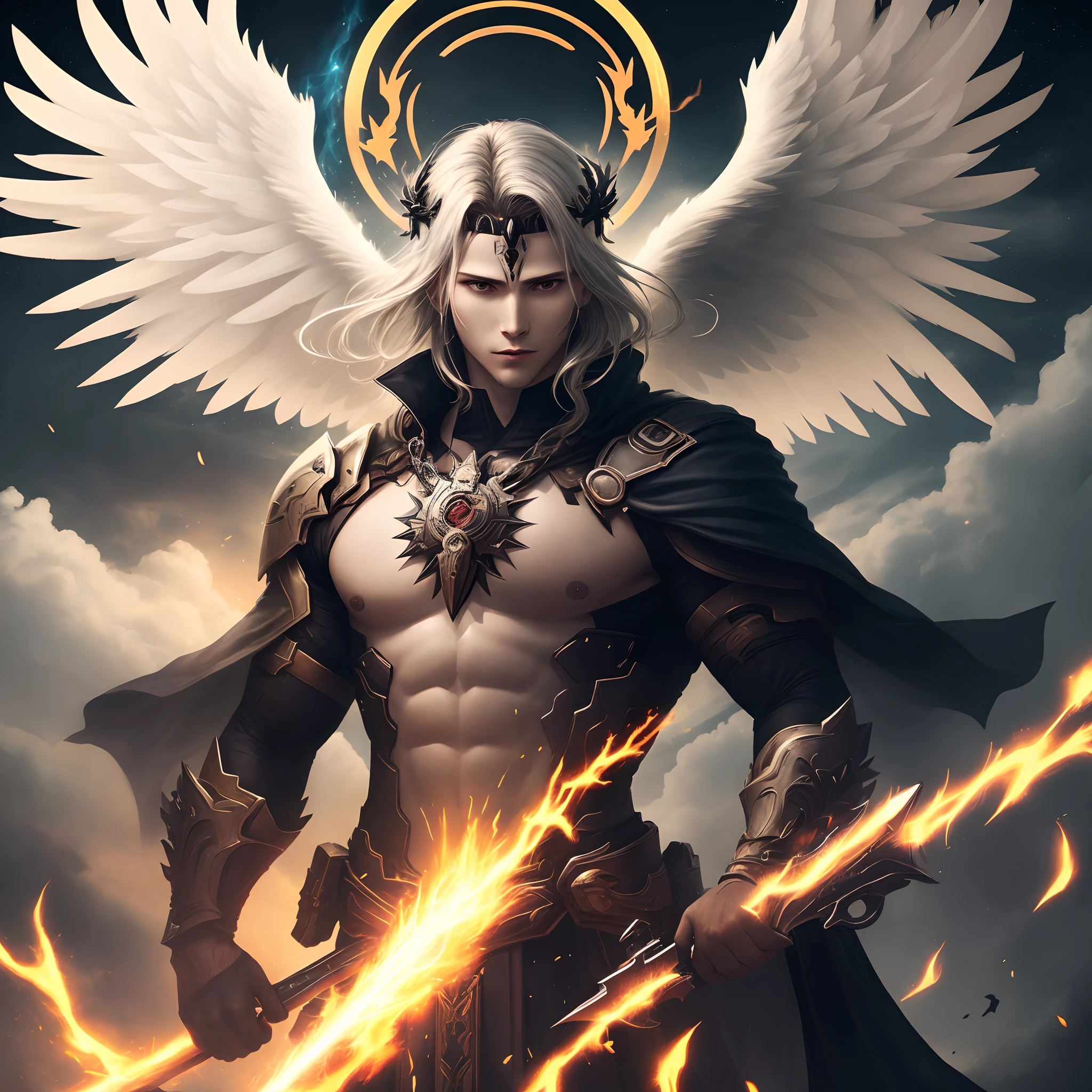Darkness, Angel, male Surrounded By Blades, God of Blades, Halo above head, Destruction, almighty power, flying, floating, spiritual power, Ring Of Weapons