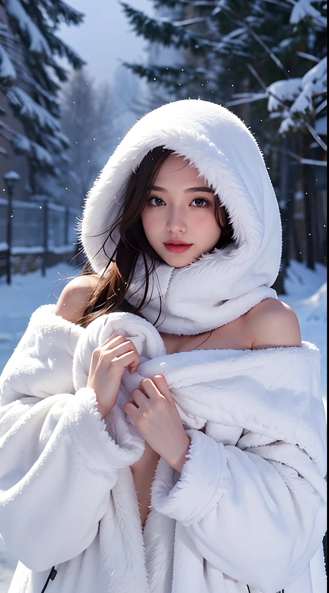 The girl covered her chest with both hands, Strategically cover your chest,Medium Boob,Cover your chest with your fingers,Less clothes,Bare shoulders,Outside,Heavy snowfall,Thick fur cape,Cover with snow