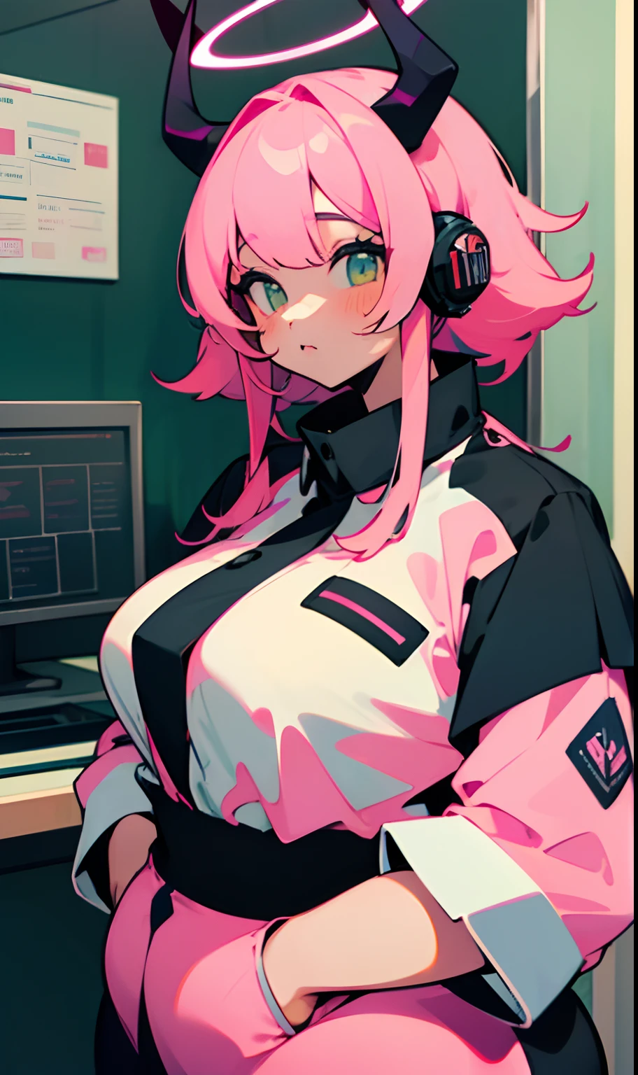 ((Masterpiece, Best)), (1girl), ((Trendy Girl)), Light Pink Hair, Halo, Horn, ((Office Lady)), Bangs, Mid-breasted, (Plump), Slim, Colorful Hair Color, Trendy Clothing, Street Culture