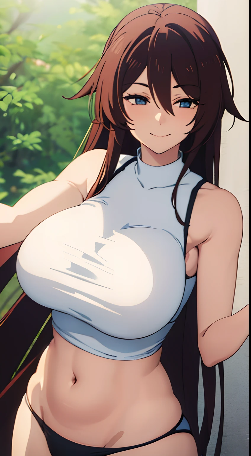 1 girl, long hair, big breasts, sexy body, smiling and blushing, wearing a tank top that shows her stomach, wearing panties
