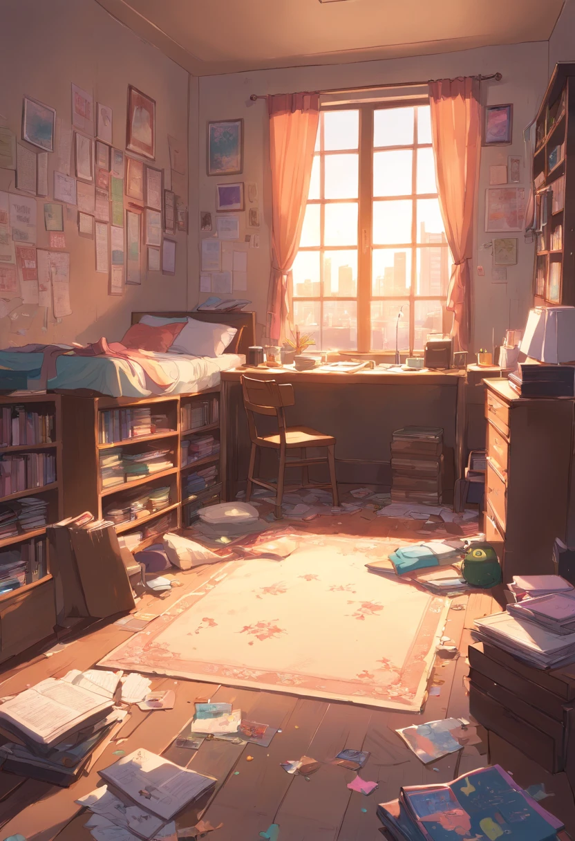 (Best quality,4K,A high resolution,Masterpiece:1.2),Ultra-detailed,Realistic:1.37,Messy bedroom，There is no one inside, The socks under the bed do not match, Purple pants on the floor, The drawer of the desk was full of documents and books, Dirty laundry is scattered throughout the room, dusty atmosphere, Dim lighting, Cluttered room, Overlooked plants in the corner, Piles of unfolded clothes, Cluttered bookshelves，It is full of books and trinkets, Half-open windows，The curtains are tattered, A messy bed，The sheets were crumpled, Art supplies scattered on the table, A cracked mirror that reflects chaos, Gloomy and chaotic atmosphere, A forgotten teddy bear lies on the floor, Unfinished drawings are scattered on the walls, Scattered coffee cups and empty snack wrappers, A lamp on the nightstand was broken, A shabby carpet on the floor, Gloomy palette with pastel tones, A feeling of neglect and confusion.