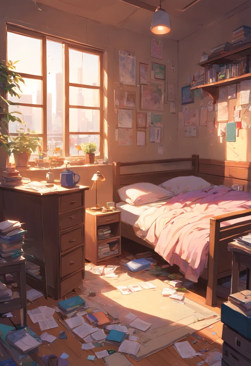 (Best quality,4K,A high resolution,Masterpiece:1.2),Ultra-detailed,Realistic:1.37,Messy bedroom,There is no one inside, The socks under the bed do not match, Purple pants on the floor, The drawer of the desk was full of documents and books, Dirty laundry is scattered throughout the room, dusty atmosphere, Dim lighting, Cluttered room, Overlooked plants in the corner, Piles of unfolded clothes, Cluttered bookshelves,It is full of books and trinkets, Half-open windows,The curtains are tattered, A messy bed,The sheets were crumpled, Art supplies scattered on the table, A cracked mirror that reflects chaos, Gloomy and chaotic atmosphere, A forgotten teddy bear lies on the floor, Unfinished drawings are scattered on the walls, Scattered coffee cups and empty snack wrappers, A lamp on the nightstand was broken, A shabby carpet on the floor, Gloomy palette with pastel tones, A feeling of neglect and confusion.