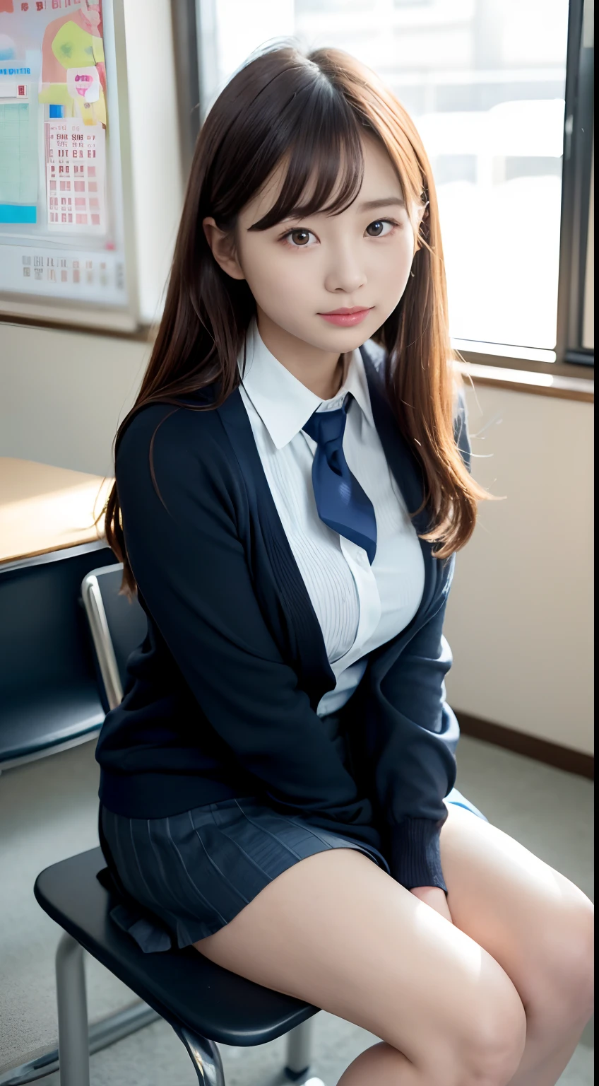 Sexy and attractive korean woman、Elegant and intelligent、Confidence and generosity、Exquisite and beautiful face、of the highest quality, Photorealistic, 8K, High Definition, 1 girl, Female, (1.8), School, Schoolgirl, Blazer, uniform, Pubic hair visible, , Skirt boldly pulled up, ((Sit on a chair、Keep your legs wide open)), Bend your knees and open your legs, slightly shorter hairstyle, Grab your knees with your hands to open your legs, Buttoned shirt flutters