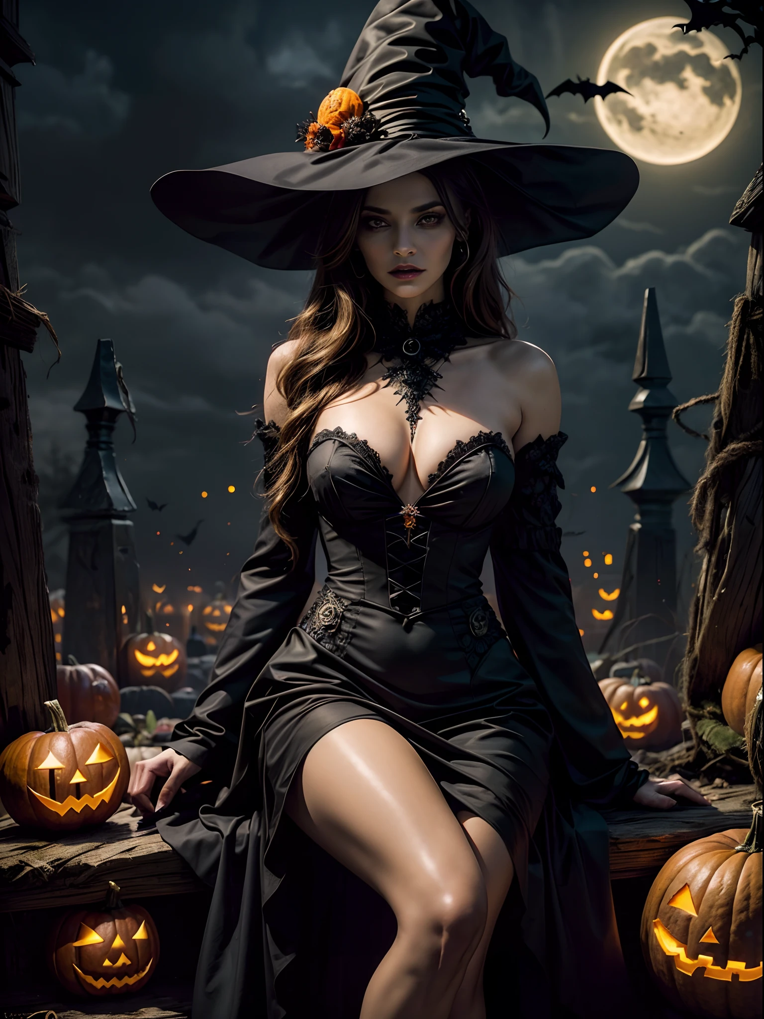 arafed woman in a black dress sitting on a pile of pumpkins, halloween atmosphere, halloween night, halloween theme, halloween art style, halloween scene, beautiful witch spooky female, beautiful witch female, alluring and terrifying, in a halloween style, scarry but bewitching, scary night, lovely dark autumn princess, halloween, beautiful female witch, spooky halloween night (nsfw)