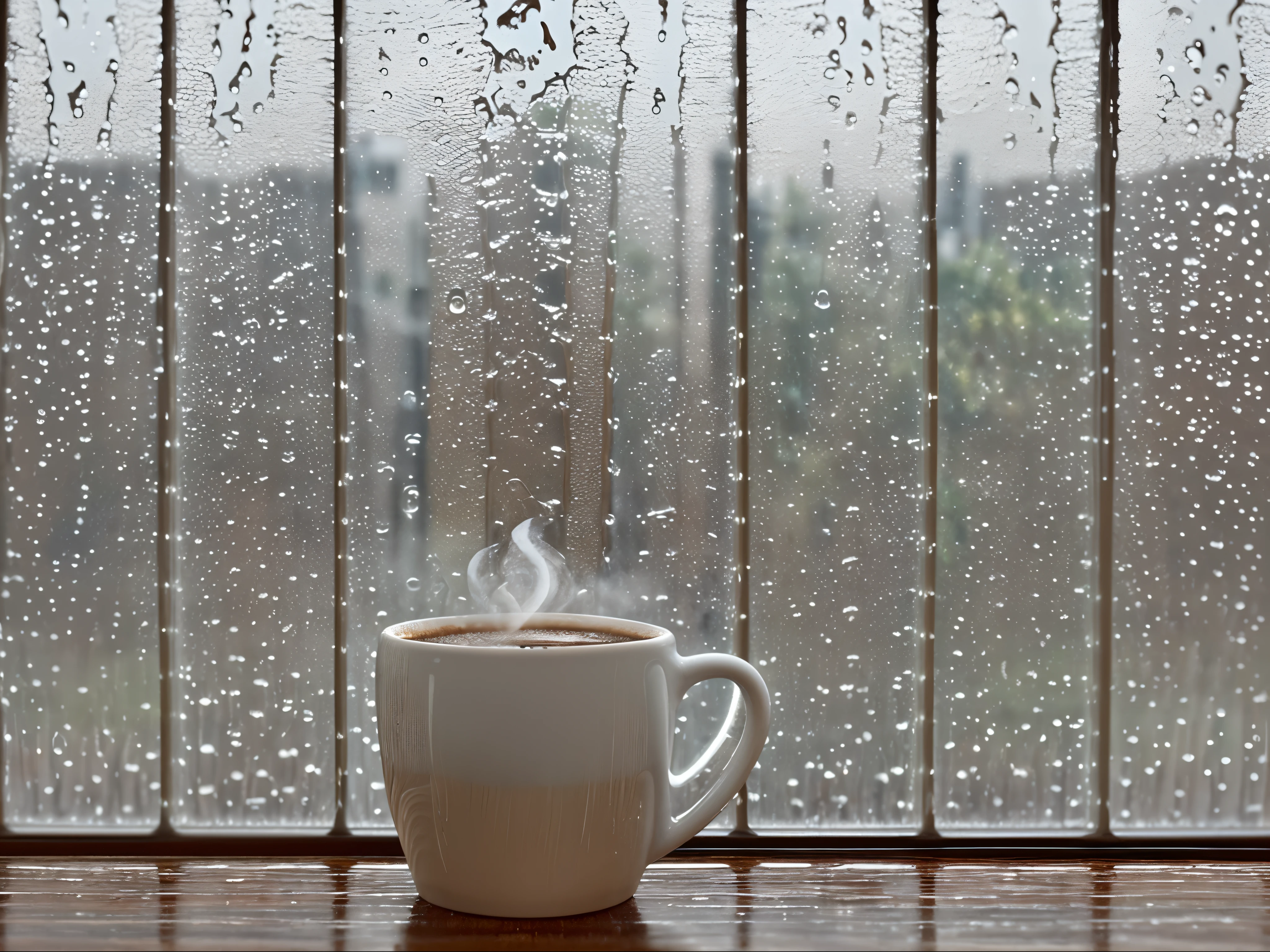 A Coffee Cup on a Rainy Day: Steam rising from a cup on a window sill as rain trickles down the glass.