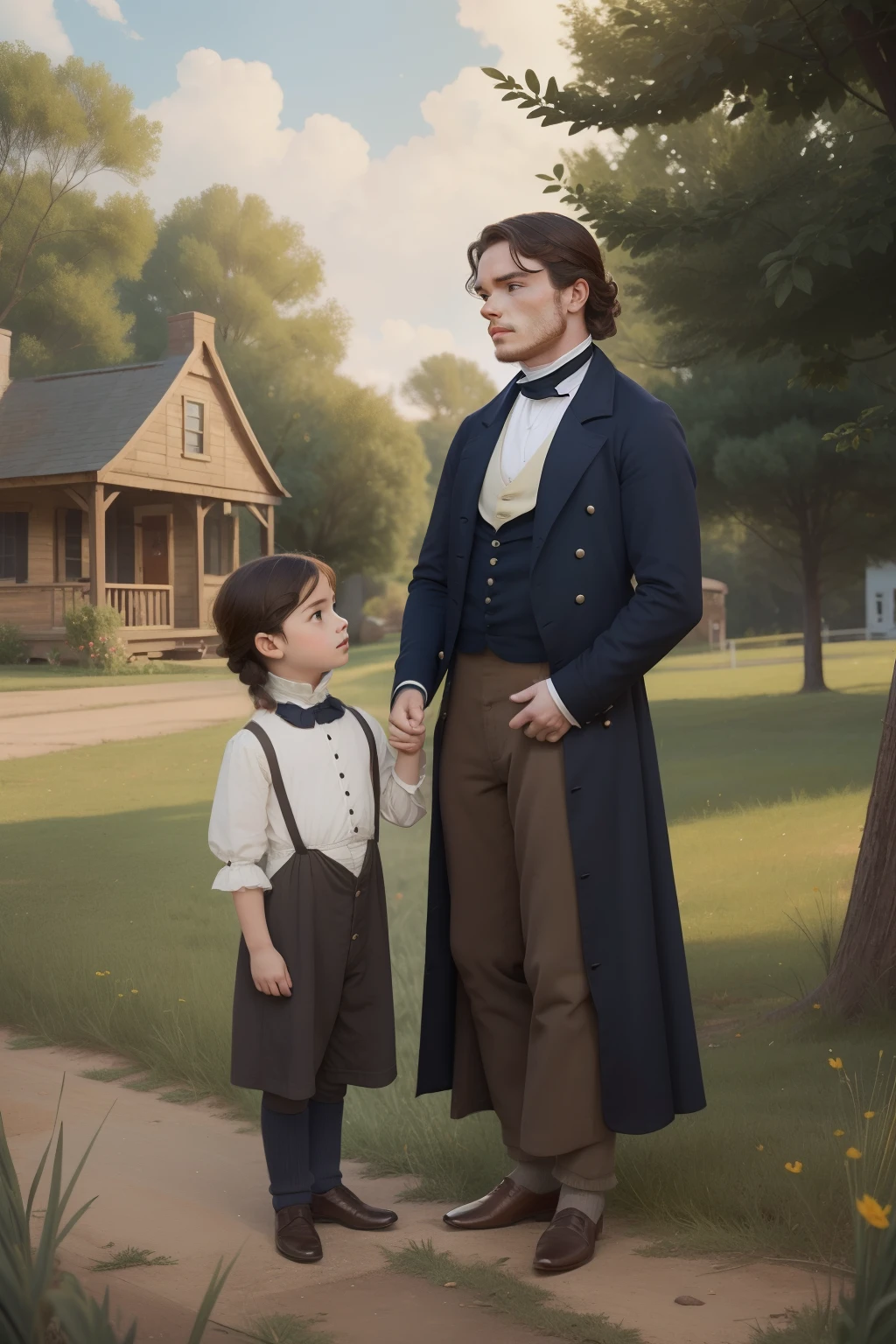 year: 1849. Location: Rock Island, Illinois. Pre-Raphaelite scene with a 31-year-old ((Richard Madden)) and ((Dakota Fanning)), talking to their little ((6--old , boy)), family, hands on his shoulders, outdoors, in front of a house ((((Clothing from the 1840s)))) ((Hairstyle of the 1840s)), ((("OMITB" cinematography)))