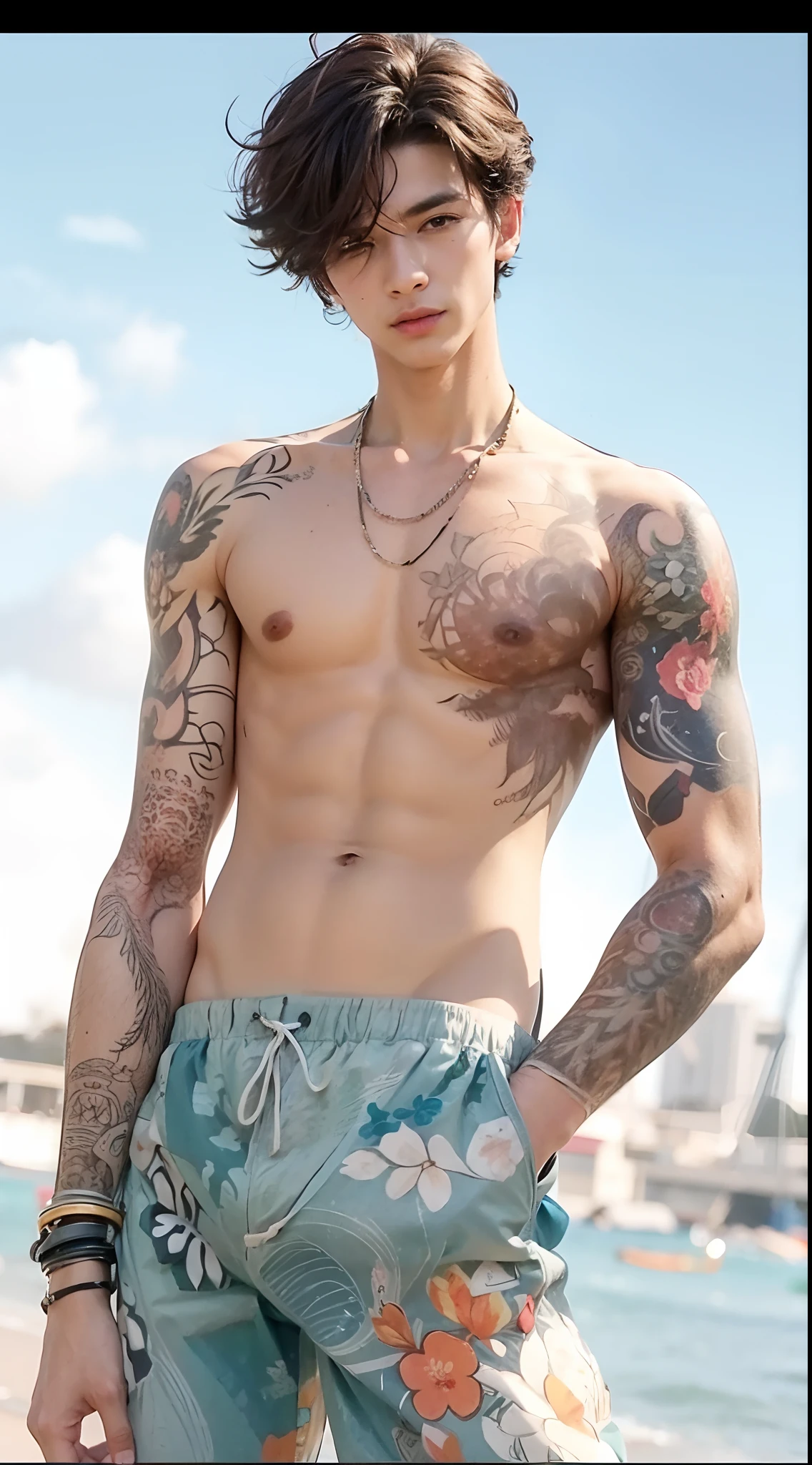 Boy shirtless wearing blue shorts