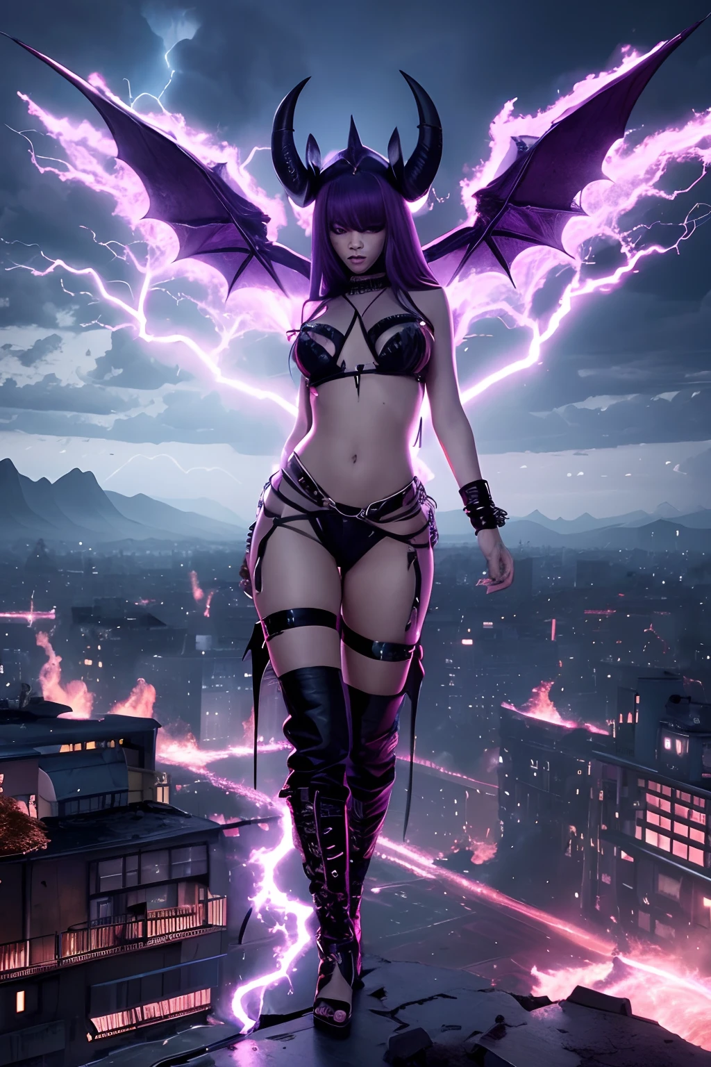 Rihanna hyper-giant, Hyper-powerful demon with two demon horns on his head and demon wings, Purple lightning fire on a building and shatters buildings , ville en ruine post apocalyptique,
