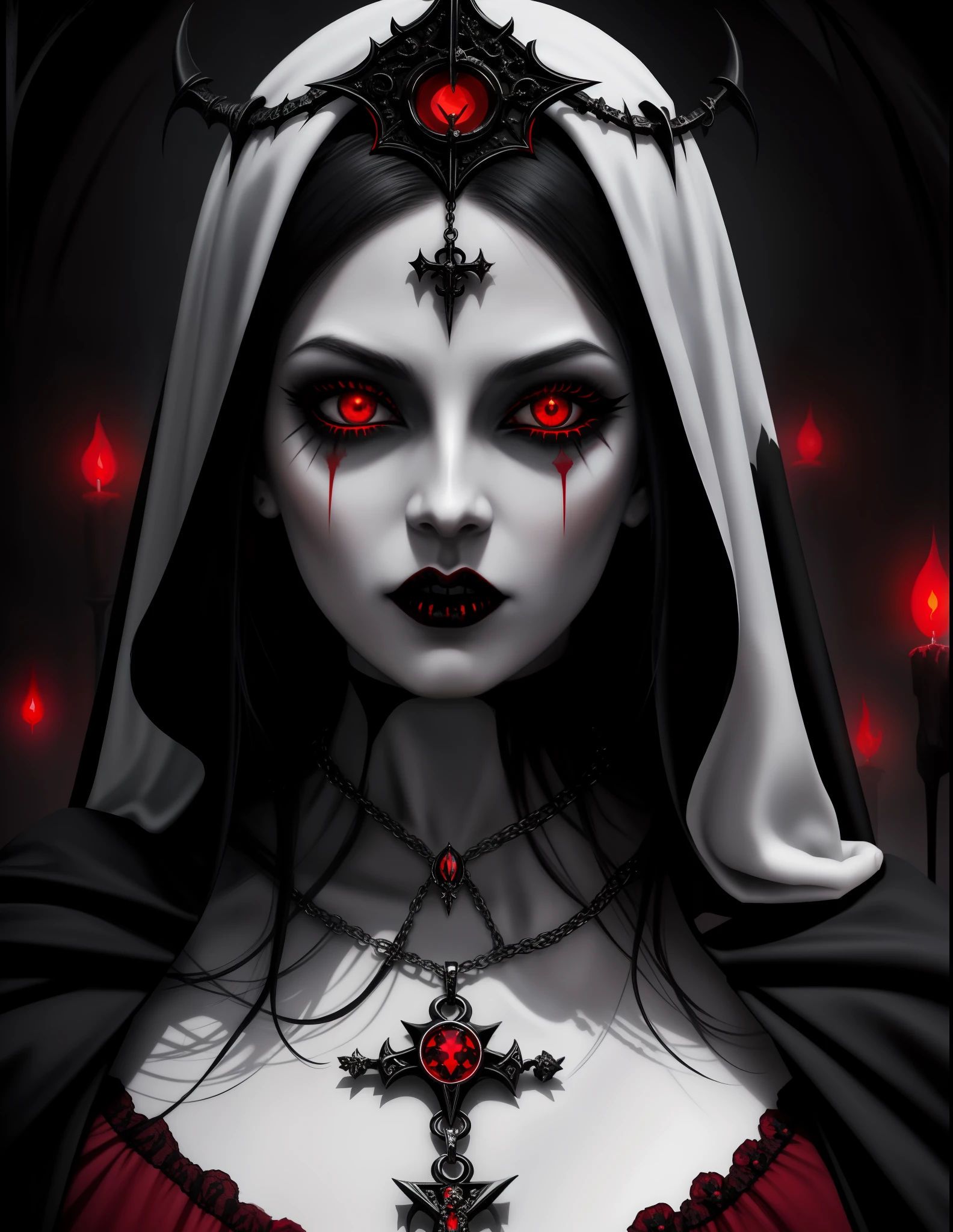 Gothic woman with red eyes and cross necklace, Dark gothic maiden, beautiful elegant demon queen, vampire nun, beautiful vampire female queen, gothic maiden, with red glowing eyes, gothic fantasy art, beautiful vampire queen, Beautiful and scary female vampire, gothic art style, dark fantasy style art, with glowing red eyes, The cursed priestess