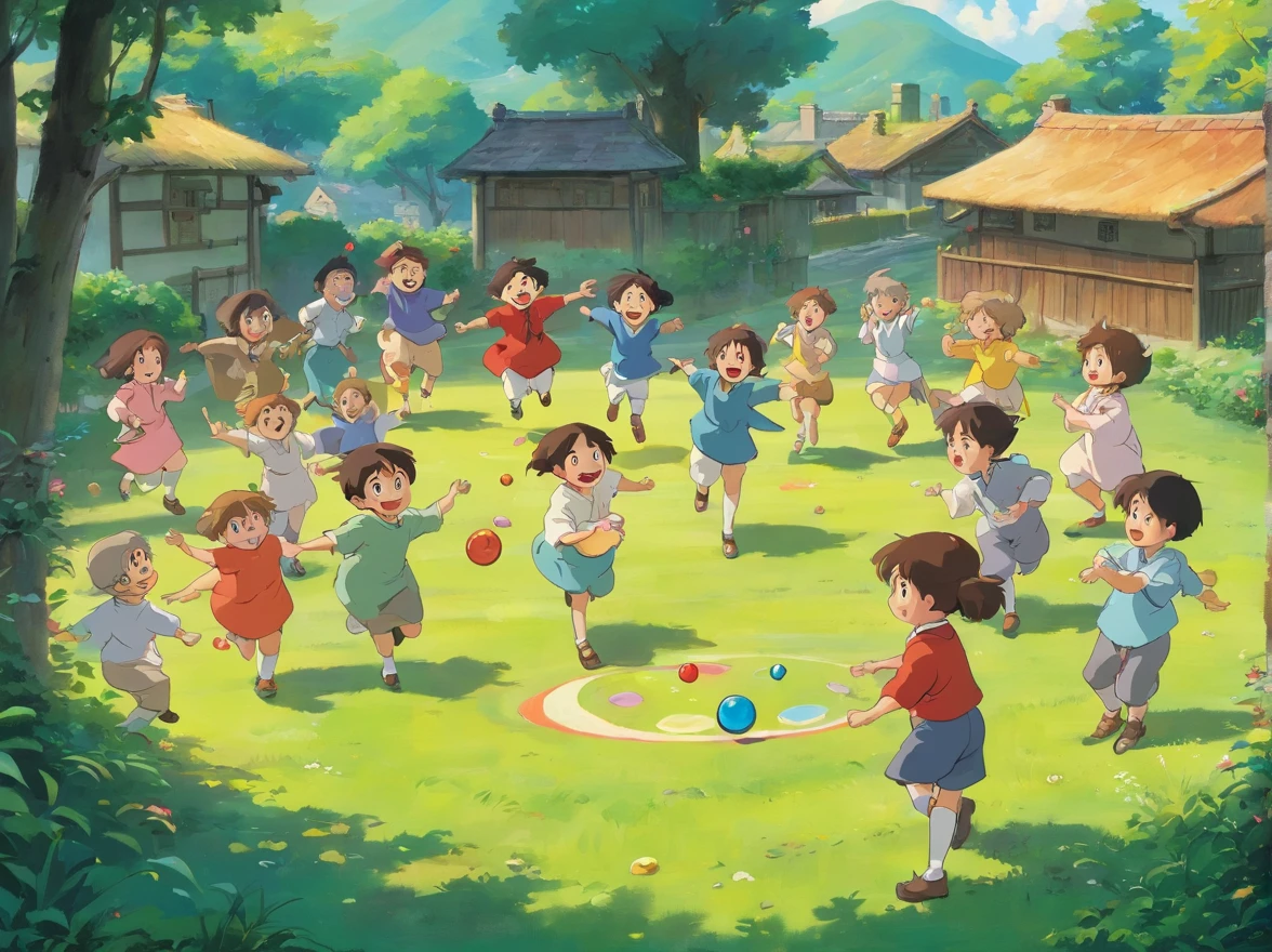A dozen little kids play games together,laughing very happily,Stand in the open space of the village,A dozen small children are playing with spinning tops