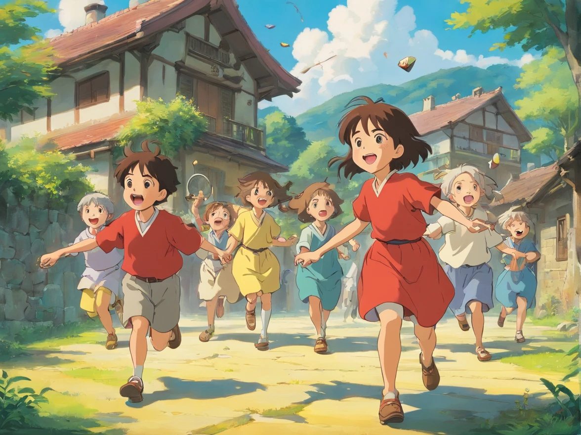 A dozen little kids play games together，laughing very happily，Stand in the open space of the village，A dozen small children are playing with spinning tops