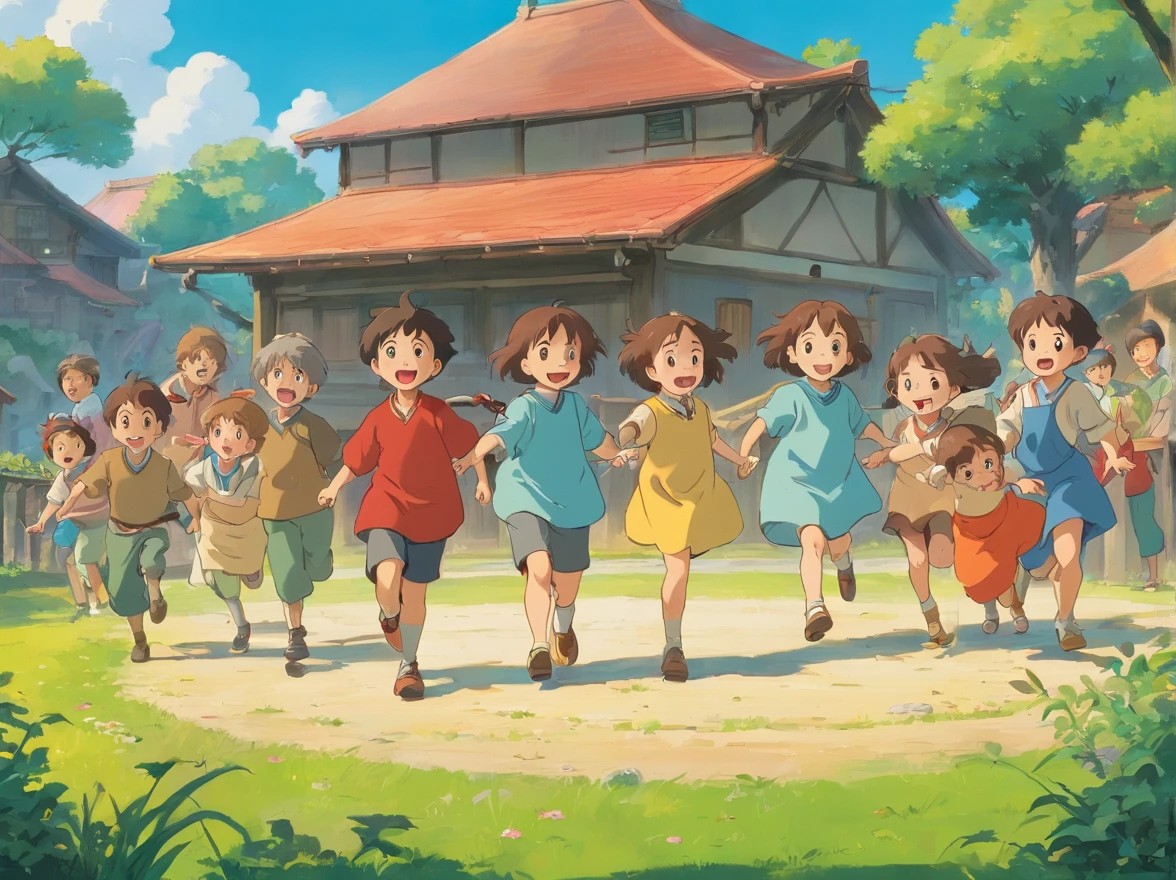 A dozen little kids play games together,laughing very happily,Stand in the open space of the village,A dozen small children are playing with spinning tops
