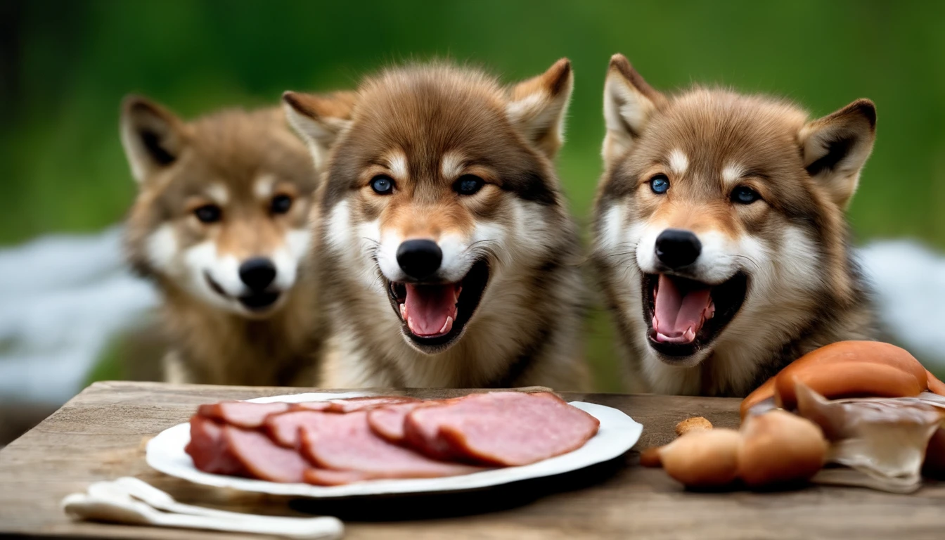 Wolves eat ham sausages,grin,facing at camera