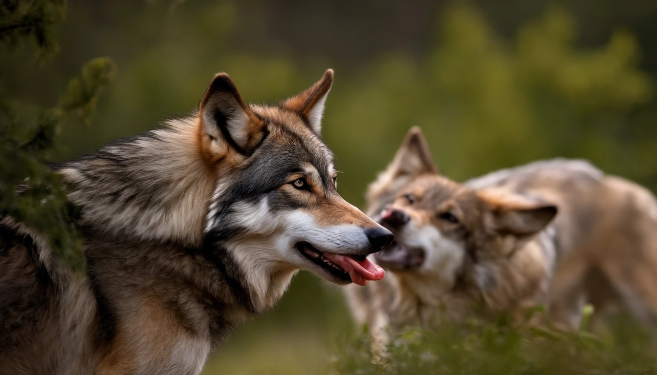Wolves eat ham sausages,grin,facing at camera
