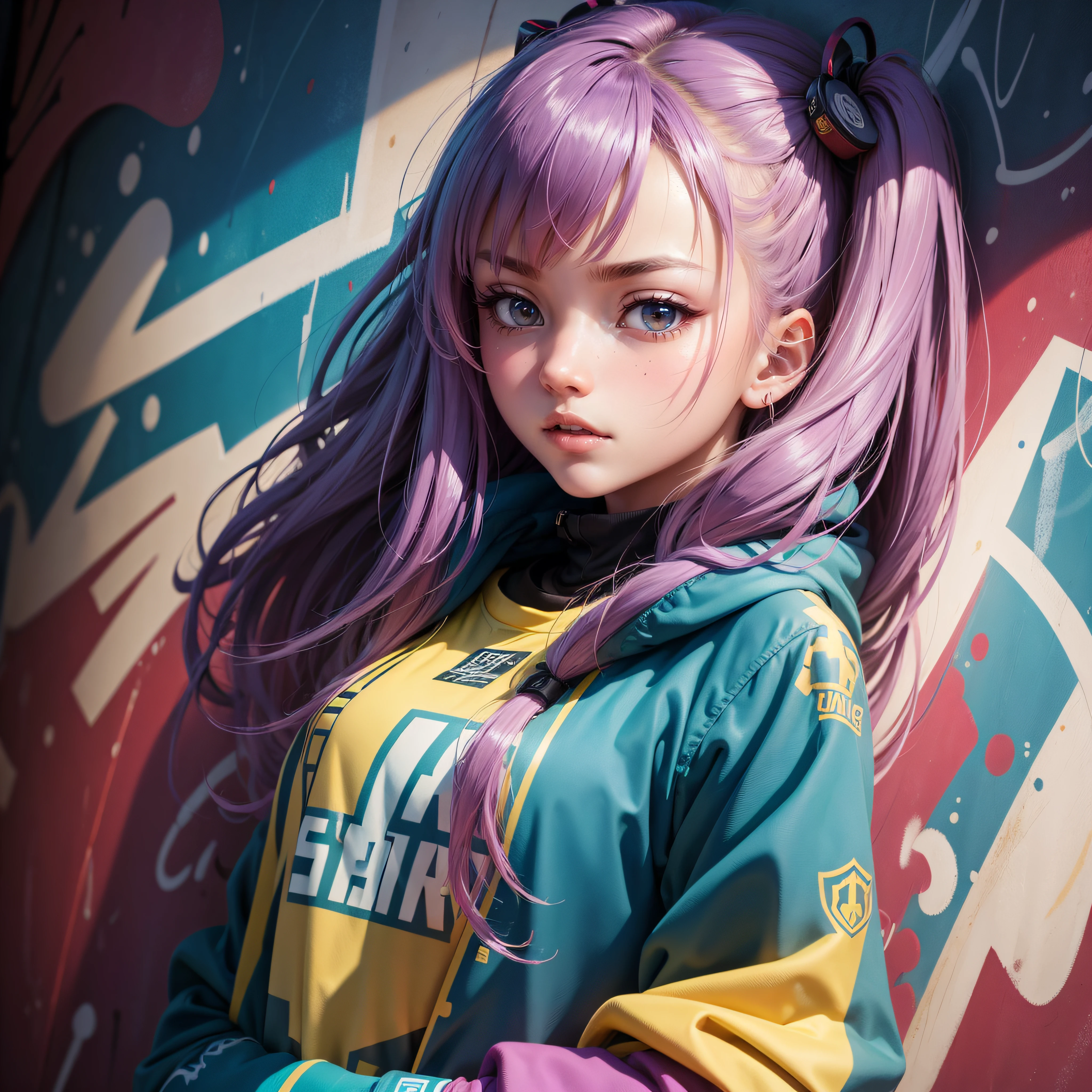 (best quality), masterpiece, extremely detailed CG uniform 8K illustration, high color, extremely saturated color, all colors deepened, paint, graffiti art, center composition, extremely detailed light and shadow, graffiti wall, wall paint, 1 girl graffiti 1 girl looking at the wall, extremely detailed face and eyes, medium length hair, sportswear, colored clouds