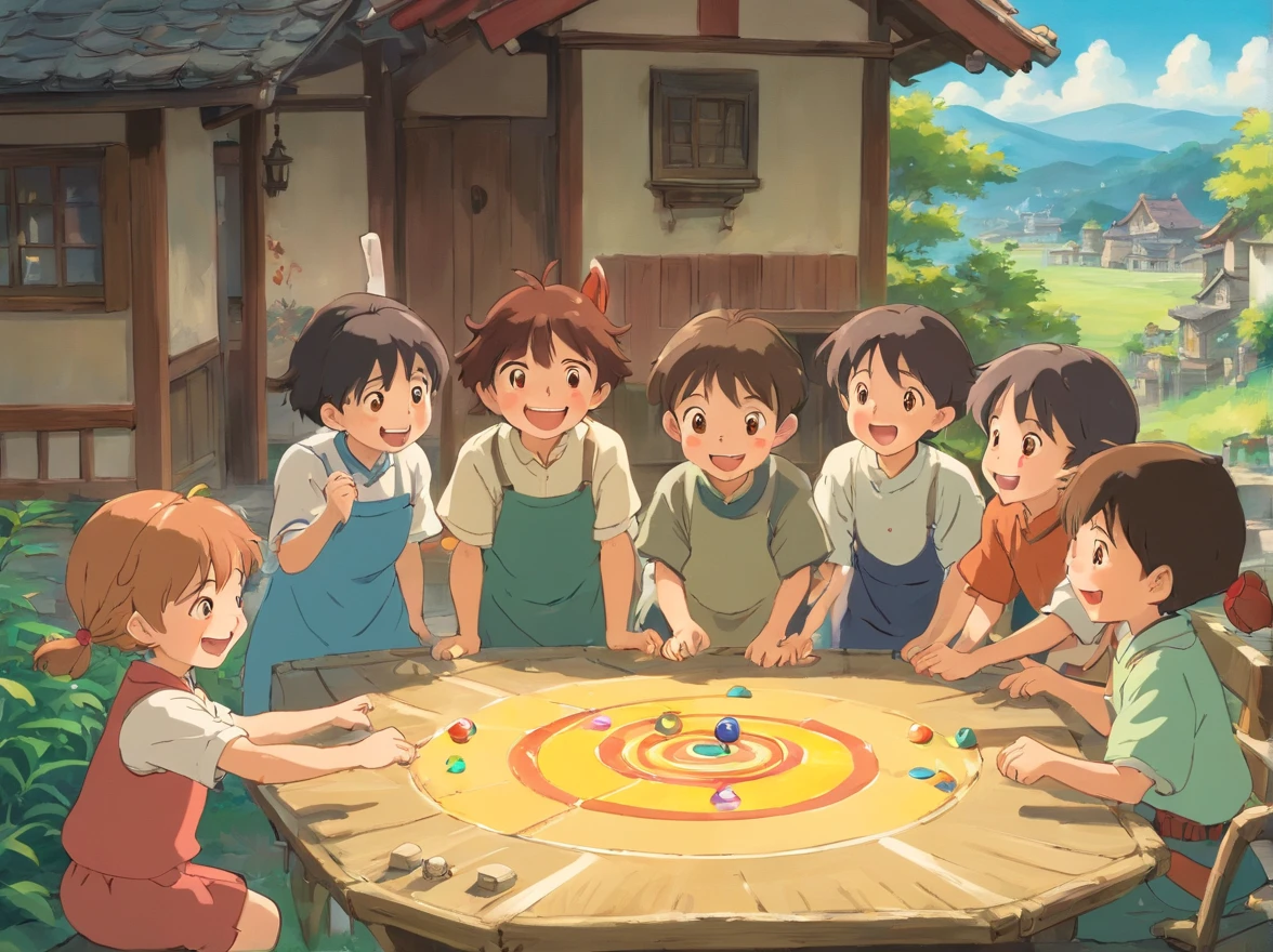 A dozen little kids play games together，laughing very happily，Stand in the open space of the village，A dozen small children are playing with spinning tops，Smile naturally，Good picture quality