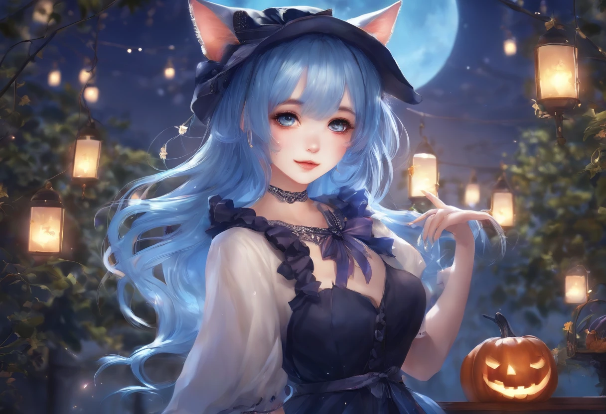 Blue hair、Twin-tailed、Fantastic、High school girl、cat ear、Halloween Dresses、fancy dress、pixiv、Halloween、Shooting stars in the eye、illustratio