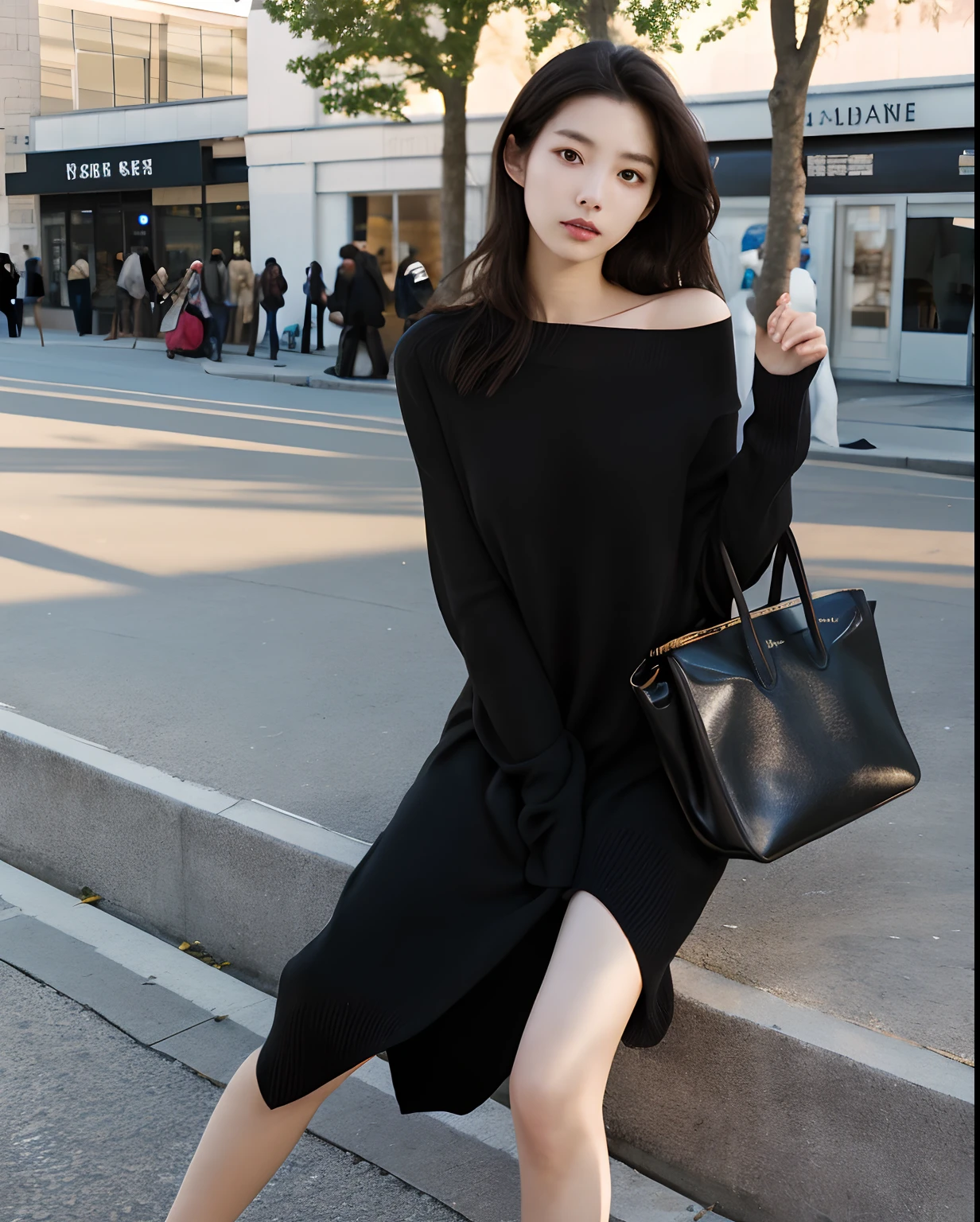 Cinematic Photo of a beautiful korean fashion model, 20 years old, perfect body, perfect skin, tied up hair, delicate face, fair eyes, thigh gap, small loose dress, knit long sleeve, black handbag, good posture, standing, spacious art gallery setting, many people in the background, show full body, sunlight