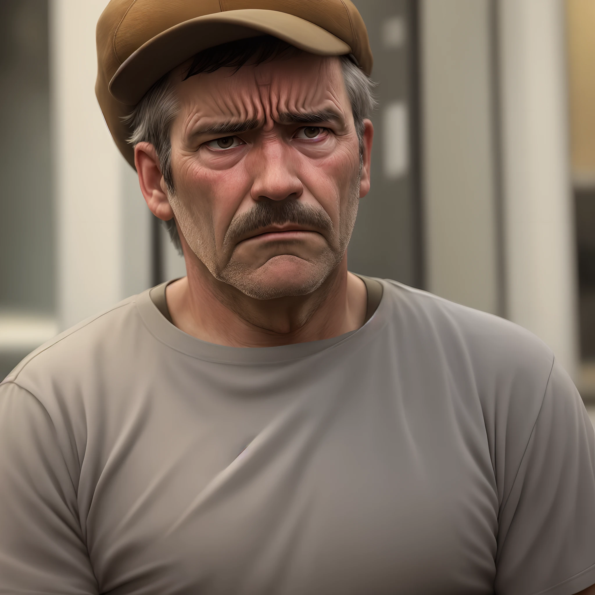 A middle-aged man with a tired and sad face