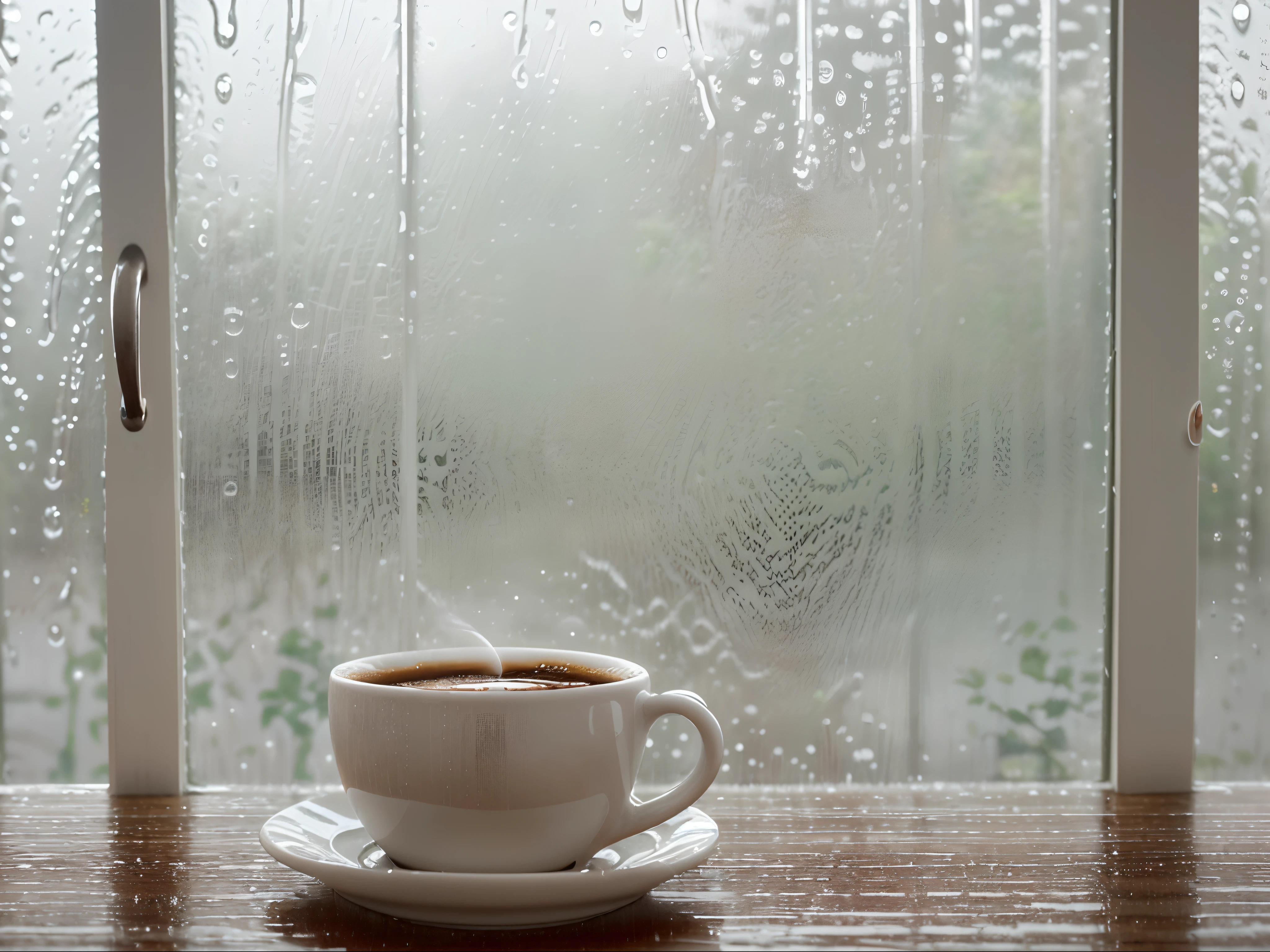 A steamy coffee cup sits on a wooden window sill while rain gently streams down the glass. The image, most likely a photograph, captures the simple yet tranquil beauty of a cup of coffee on a rainy day. The cup is white with delicate floral patterns, and wisps of steam rise from the hot beverage, creating an illusion of warmth and comfort. The raindrops on the window add a touch of melancholy, contrasting the cozy atmosphere inside. The composition is remarkable, with the cup perfectly centered and the raindrops in focus. This captivating image transports viewers to a peaceful moment of solace.