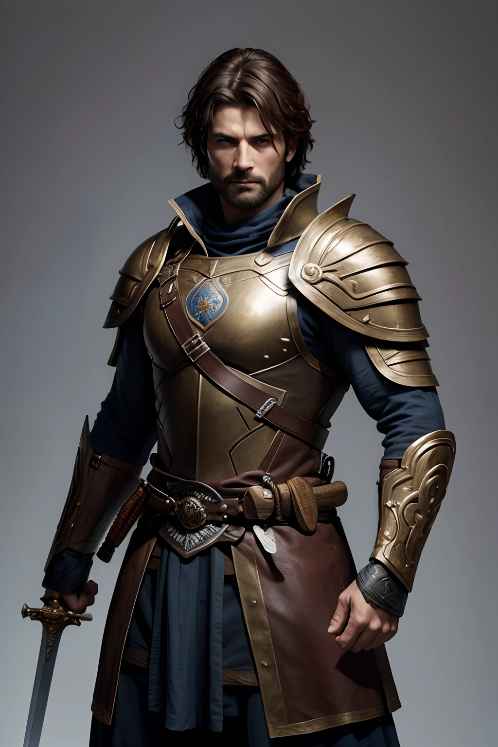 warrior, homme, 40 ans, A sword and a round shield, corps entier, fantaisie, highly detailed, digital painting, cheveux long bruns , without background, No background. Prise de vue du corps entier.Full body photo