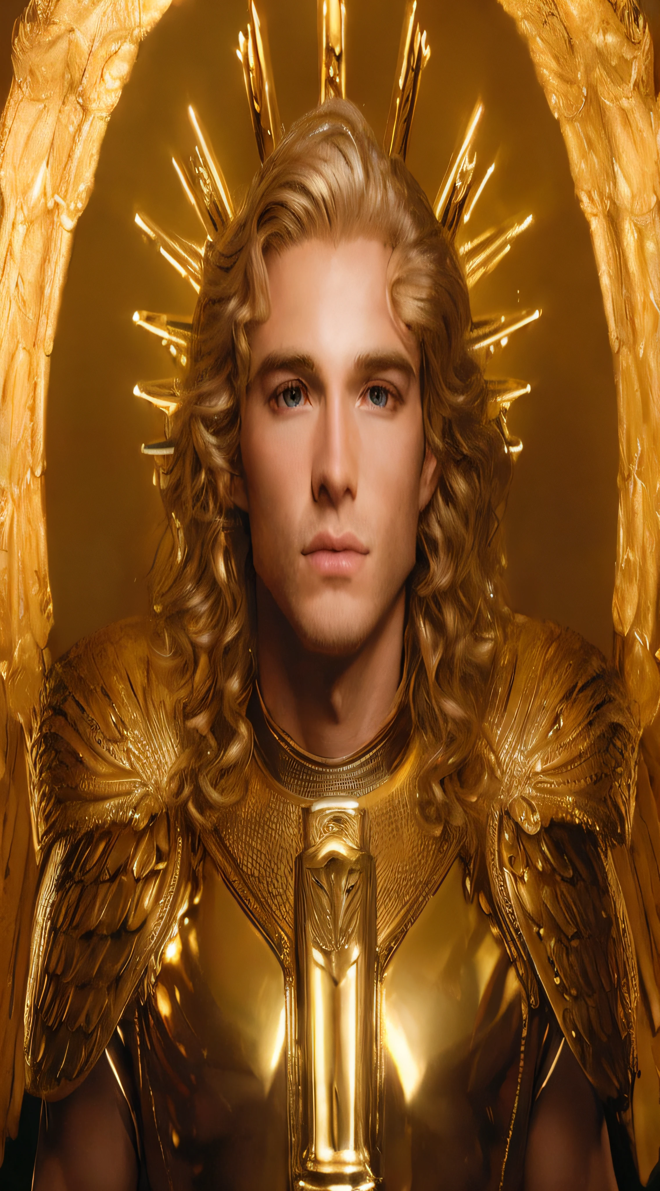 blond man in golden armor with golden halo and sword, archangel michael, david la chapelle, portrait of magical blond prince, angelic golden armor, greek god, henry cavill as a greek god, inspired by David LaChapelle, beautiful gold saint, by David LaChapelle, archangel, angel in plastic armor, inspired by Andrea del Verrocchio