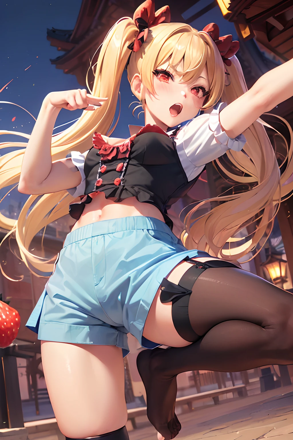 masutepiece, Highest Quality, SFW, Colorful, 1girl in, Solo,(((Petite girl with blonde twin tails))),(((a park))),(((early morning))),(((Stockings))),(((red blush))),(((open open mouth))),(((Gothic Maid Tops))),(((A sexy))),(((the pose))),(((Angle from the front))),(((Strawberry Print Ruffled Pants))),(((dojo))),(((karate))),(((Energetic face))),(((Whirlwind feet)))),(((I was wearing light blue shorts)))