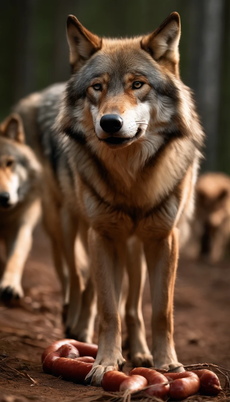 Wolves eat sausages，grin，facing at camera