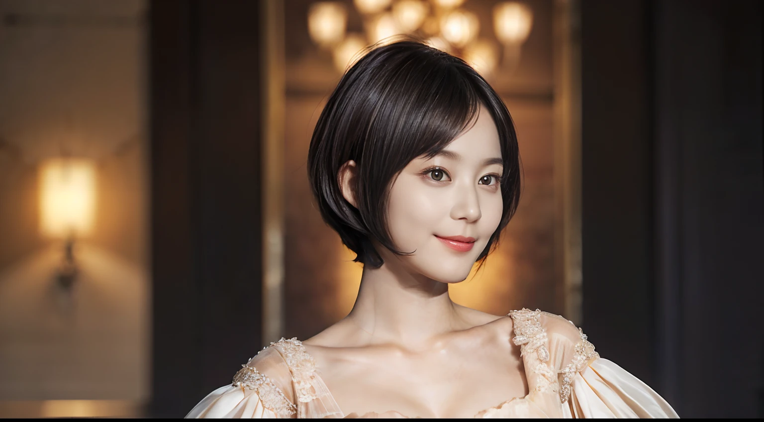 76
(20-year-old princess,is standing), (A hyper-realistic), (Masterpiece), ((short-hair:1.46)), (Smooth black hair), (breast:1.0), (kindly smile:0.9), (Luxurious dresses:1.46), Majestic palace, orange lipstick