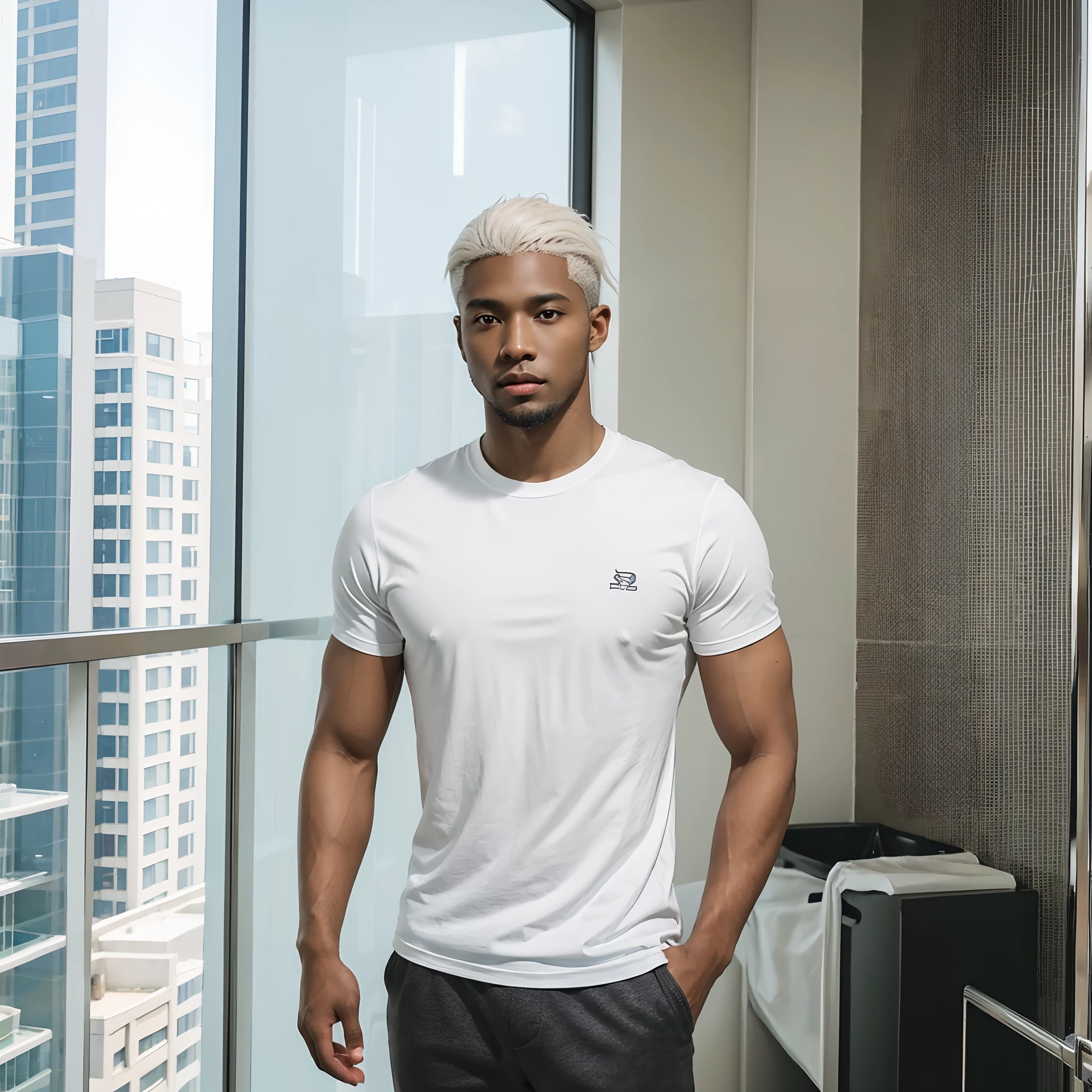 A Handsome 27 Yrs Old black male, young, American (African-American), dark skin tone. He has White hair, hair is white, platinum hair, pale hair. He is beardless, Eye Color is Brown, Athletic Body, Average Athletic Chest, standing, posing, casual wear, high rise apartment setting, glass walls, day time, photorealistic, very detailed, close-up shot