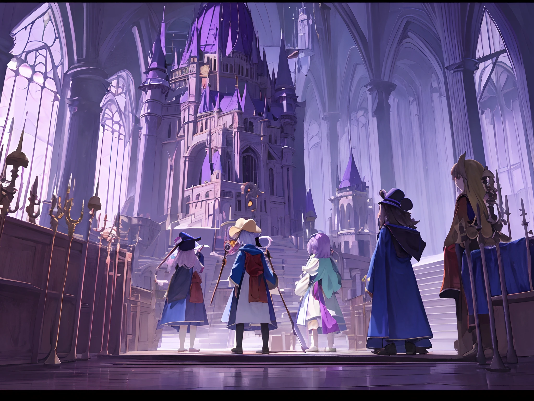 A group of children wearing robes and hats, holding wands and books, standing in front of a castle-like school of magic, Back shot, best quality, high resolution, 8K, Distant view, Color tones: Pastel colors with a touch of purple and black, Lighting: Soft and warm natural light, creating a serene atmosphere