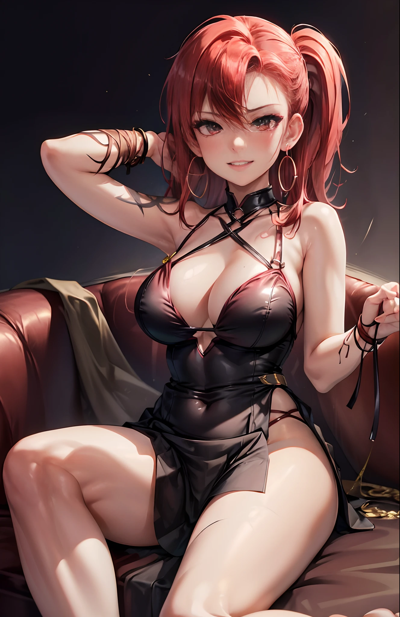 sexy girl with showing her underwear, ((upskirt)), camel toe, sexy underwear, long white stockings, skirt, bedroom, ((detailed face)), (detailed eyes), detailed, ((detailed hands)). (masterpiece, best quality),intricate details,from below, (masterpiece, best quality:1.2),1girl,solo,ragaraja,halter dress,(crossed legs:1.1),red dress,hoop earrings,large breasts,couch,sitting,evil smile,arm on knee,red hair,