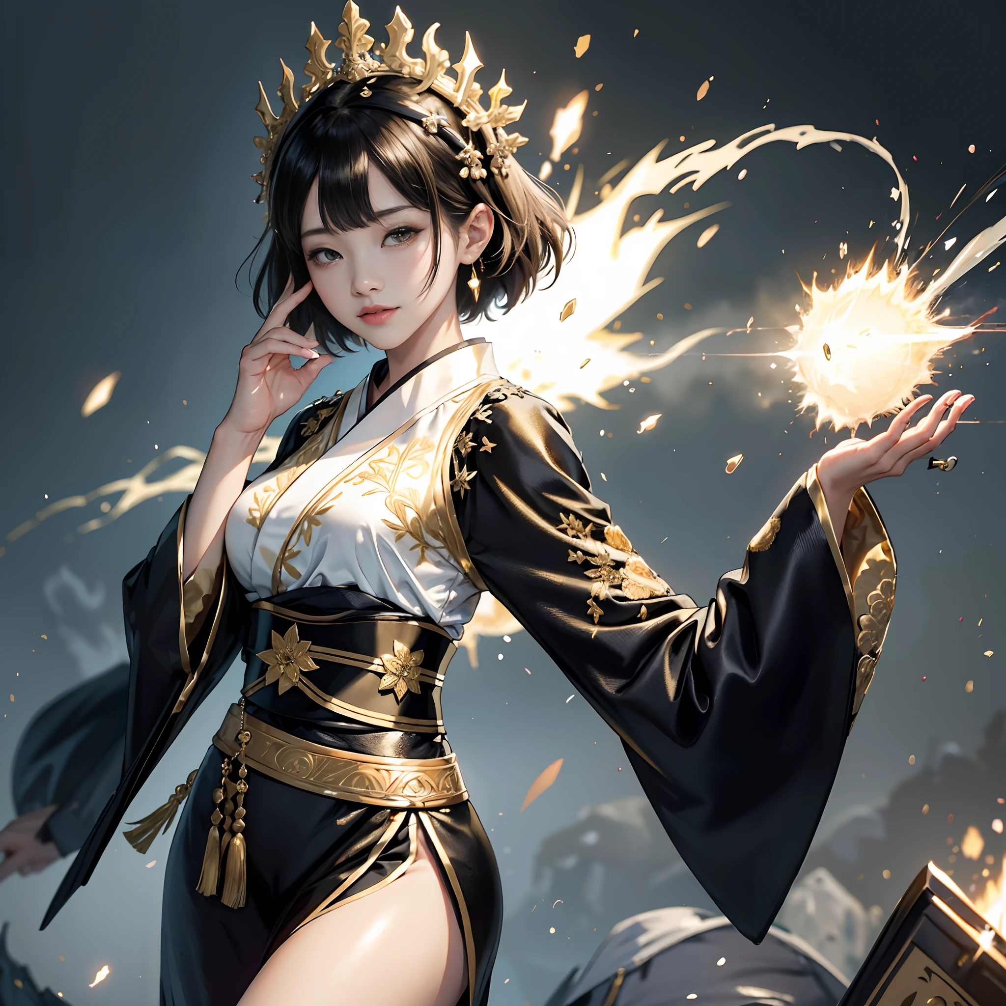((mate piece)), ((close-up)), (girl: 1.2), (big breasts), (black hair, short cut: 1.3), (cute pose: 1.2), plump, glossy lips, beautiful clear eyes, ( Best Smile), Spoken Heart, (Gold Theme: 1.4), (With Oiran: 1.3), (Maxi Length Black Kimono [with Gold]) Obi: 1.4), (Delicate Gold Embroidery and Flashy pattern: 1.3), (Off shoulder: 1.4), (Clogs: 1.2), (Flashy hair ornament: 1.3), (Super huge ribbon in front: 1.2), Waist: 1.3), Low angle shot, ((Golden Hold the ball in your hand)), ((Perfect Hands: 1.3)), (Enchanting Light, Moonlight: 1.4), Golden swirls and filigree, Rainbow colored bubbles, Fantastic sparkle, Magical hologram sparkle, Must-have, Top quality, Super Detail, Masterpiece,
