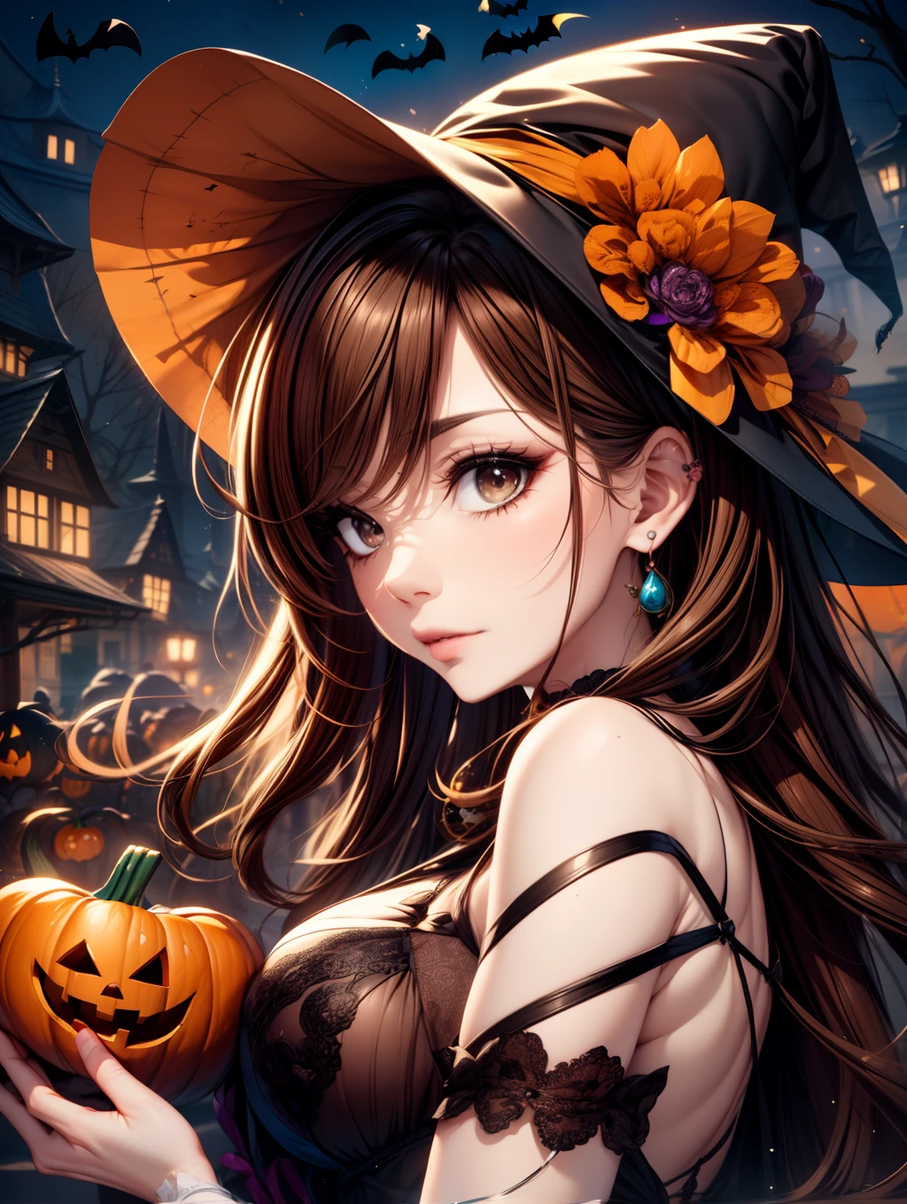 Best Quality, masutepiece, beautiful mature women、Beautiful face、Strong-minded woman、(Black Dress、Witch)、brown haired、(Brown-eyed)、Longhaire、Undersized eyes、(((Halloween)))、nighttime scene