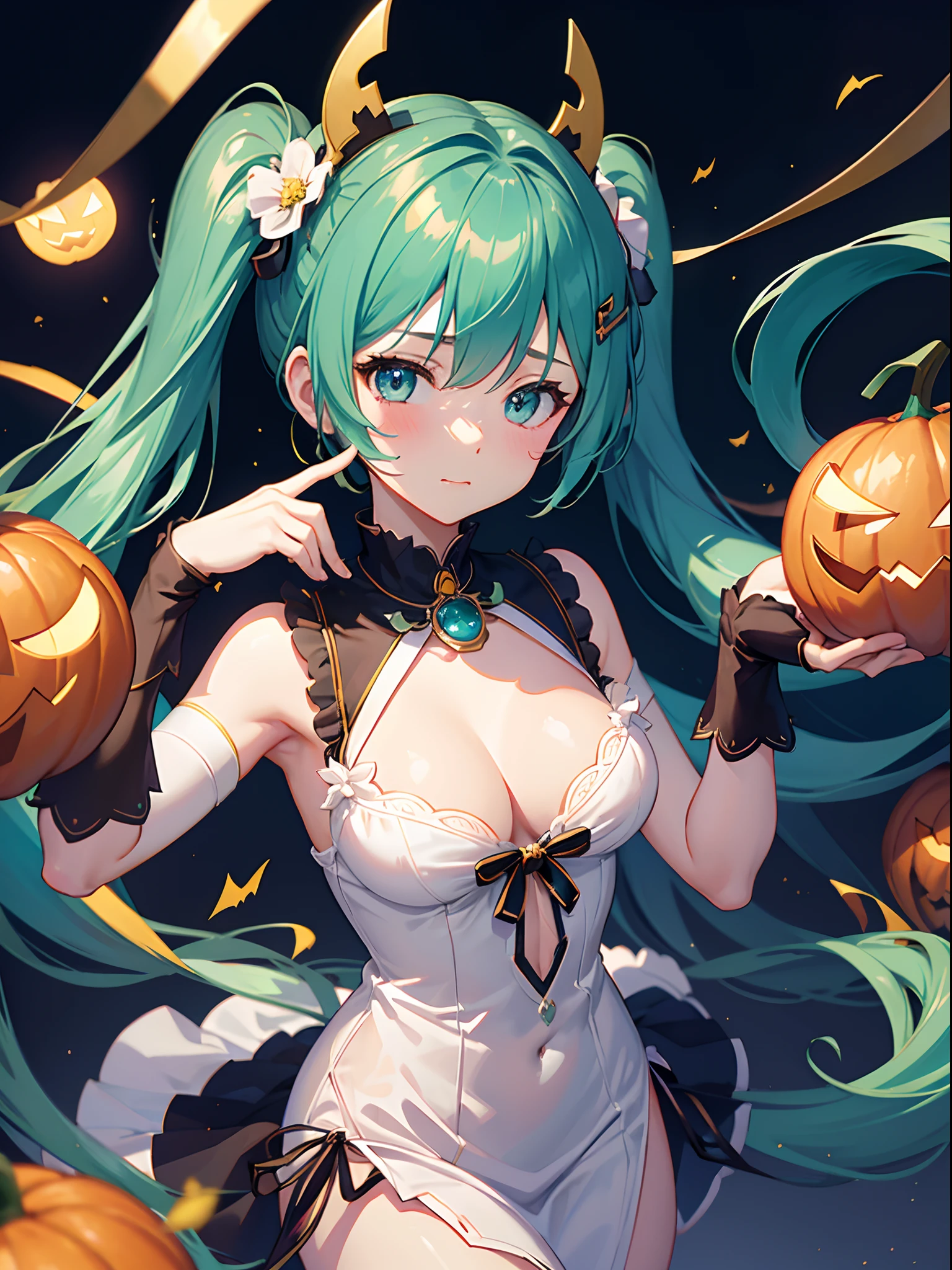 masterpiece, Floating hair, Brown hair,, Light blush, Anime, Anime style, 4K, Textured skin, Super Detail, Best Quality, prize
Hatsune Miku、Blue-green hair、long twintail、negligee、winc、Waliza Halloween Pumpkin Headgear、Bats around、moonlit nightscape、cleavage of the breast、Bad face、Magic Circle in the Hand, put index finger on mouth、Small top hat