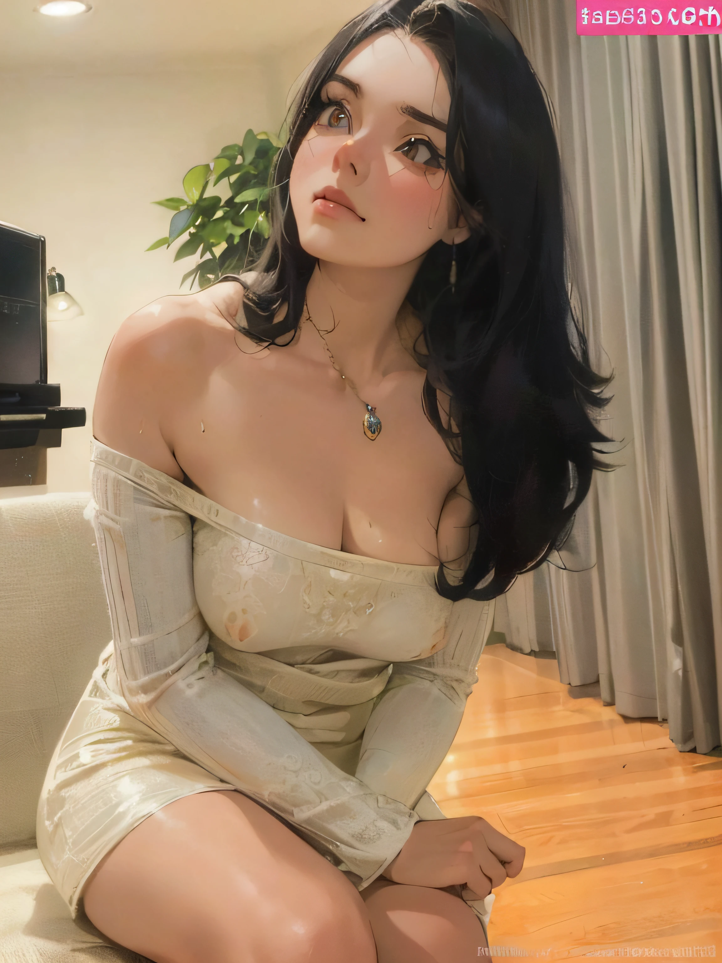 18 years old girl, slightly bigger breasts、cleavage emphasis、desnuda、Super close-up looking up from below、obra maestra, highest qualityr, realista, ultra-detallado, (piel brillante, sweating: 1.4), Versatile Sexy Poses、cabello corto y oscuro, ojos marrones, Esbelto, dynamic light and shadow, high resolusion, foco nítido, Profundidad de campos, Ojos estrechos, pupilas afiladas, Alumnos realistas, (Breasts are small: 1.6), (grosor del muslo: 1.0),Orillas