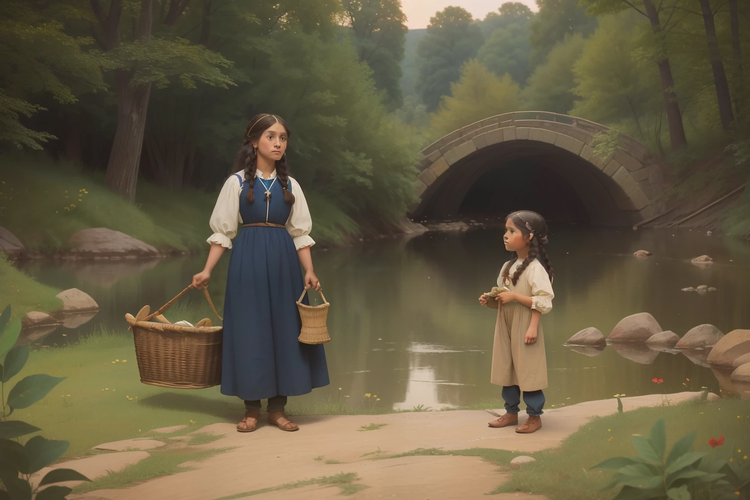 year: 1849. Location: Rock Island, Illinois. Pre-Raphaelite scene with a 26-year-old sauk native american woman, collecting herbs, with a 6--old ((((Clothing from the 1840s)))) ((Hairstyle of the 1840s)), ((("OMITB" cinematography)))