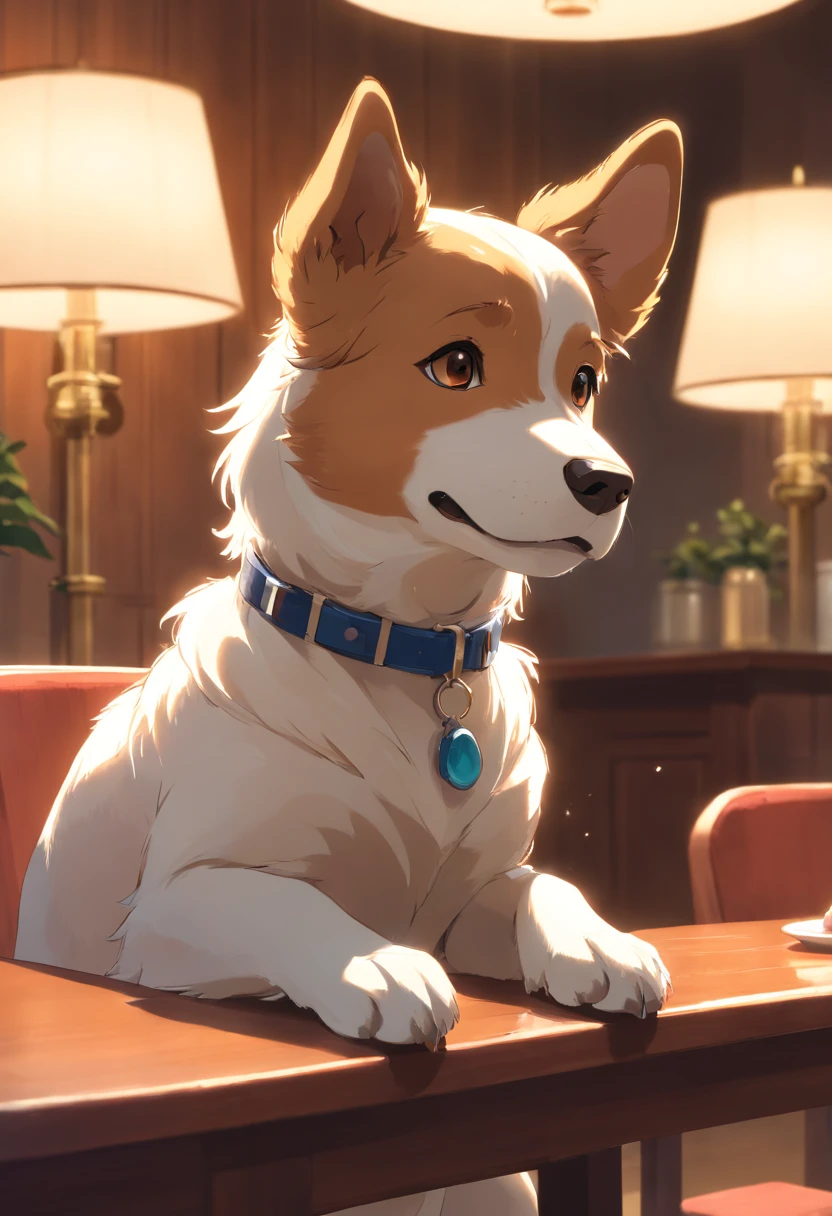 dog, white, close up shot. Sit on a chair in the dining room for dinner., light,