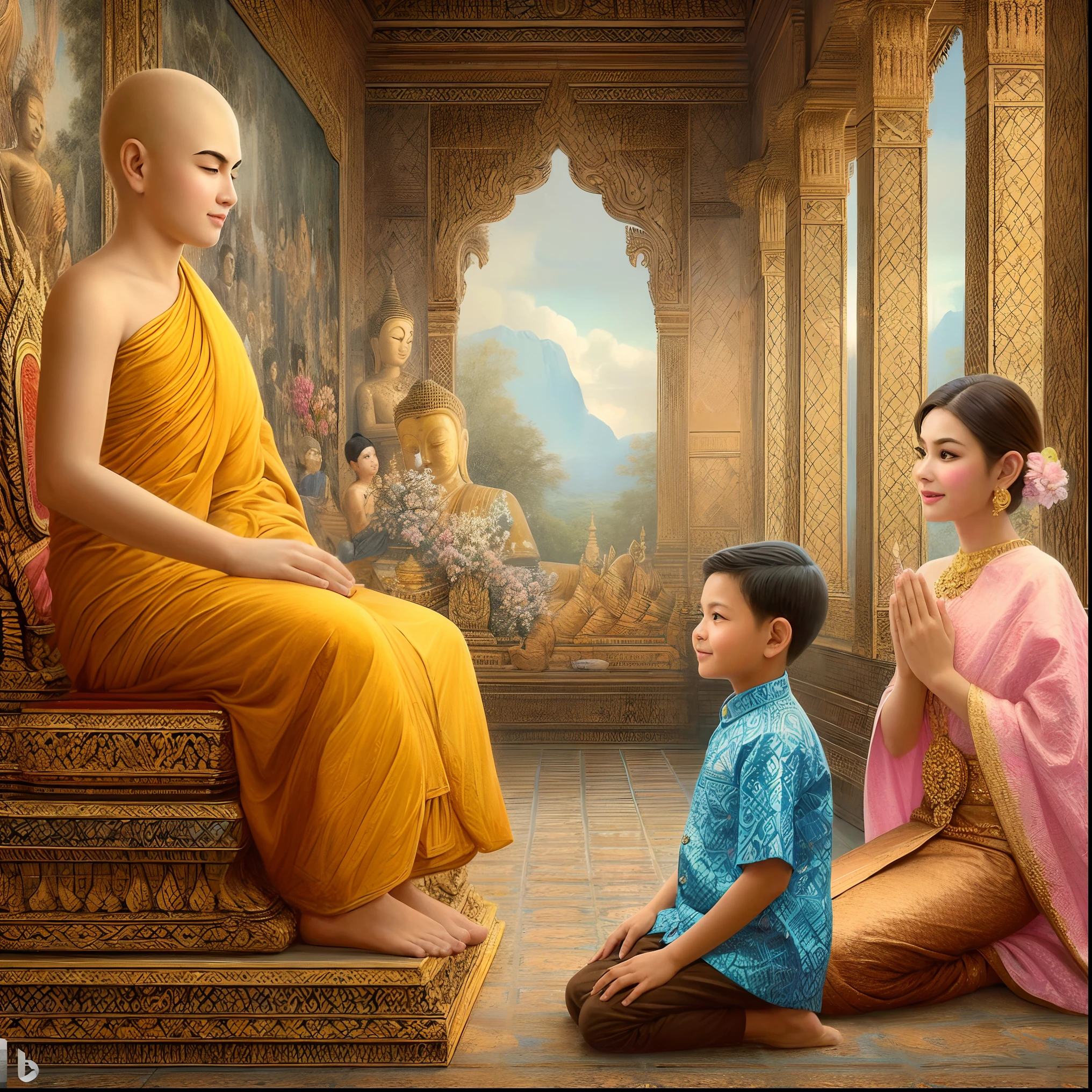 arafed image of a young boy and a woman sitting on a step, thailand art, buddhism, tithi luadthong, beautiful depiction, buddhist, in a temple, the buddha, by Alexander Kucharsky, buddhist art, by John La Gatta, buddhist monk, by Nicholas Marsicano, monk clothes, by Daryush Shokof, traditional art