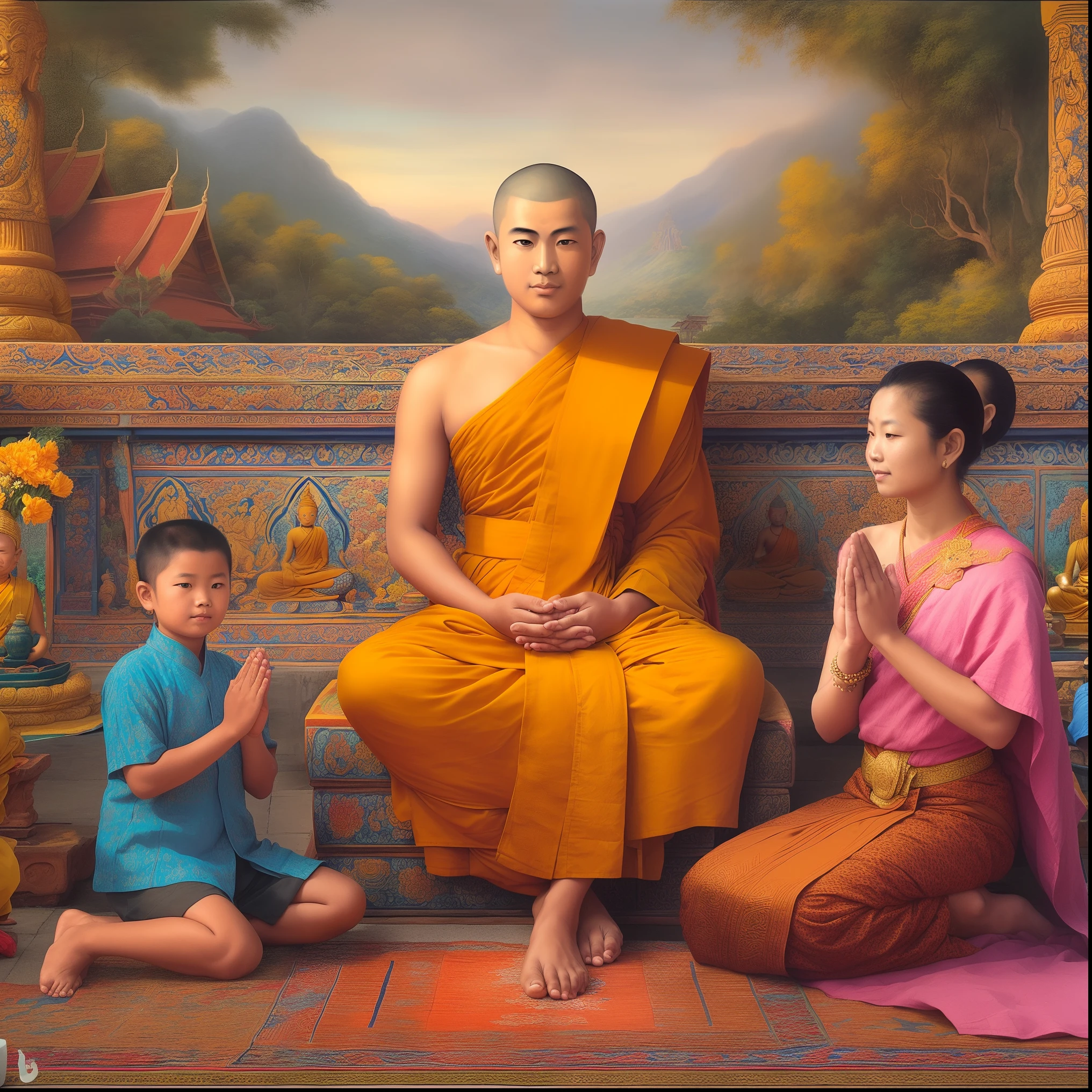 painting of a man and two women sitting on a bench with a child, tithi luadthong, thailand art, buddhist, buddhism, by John La Gatta, buddhist art, buddhist monk, the buddha, monk meditate, by Ma Quan, monk clothes, buddha, thawan duchanee, beautiful depiction, by Liao Chi-chun, samsara