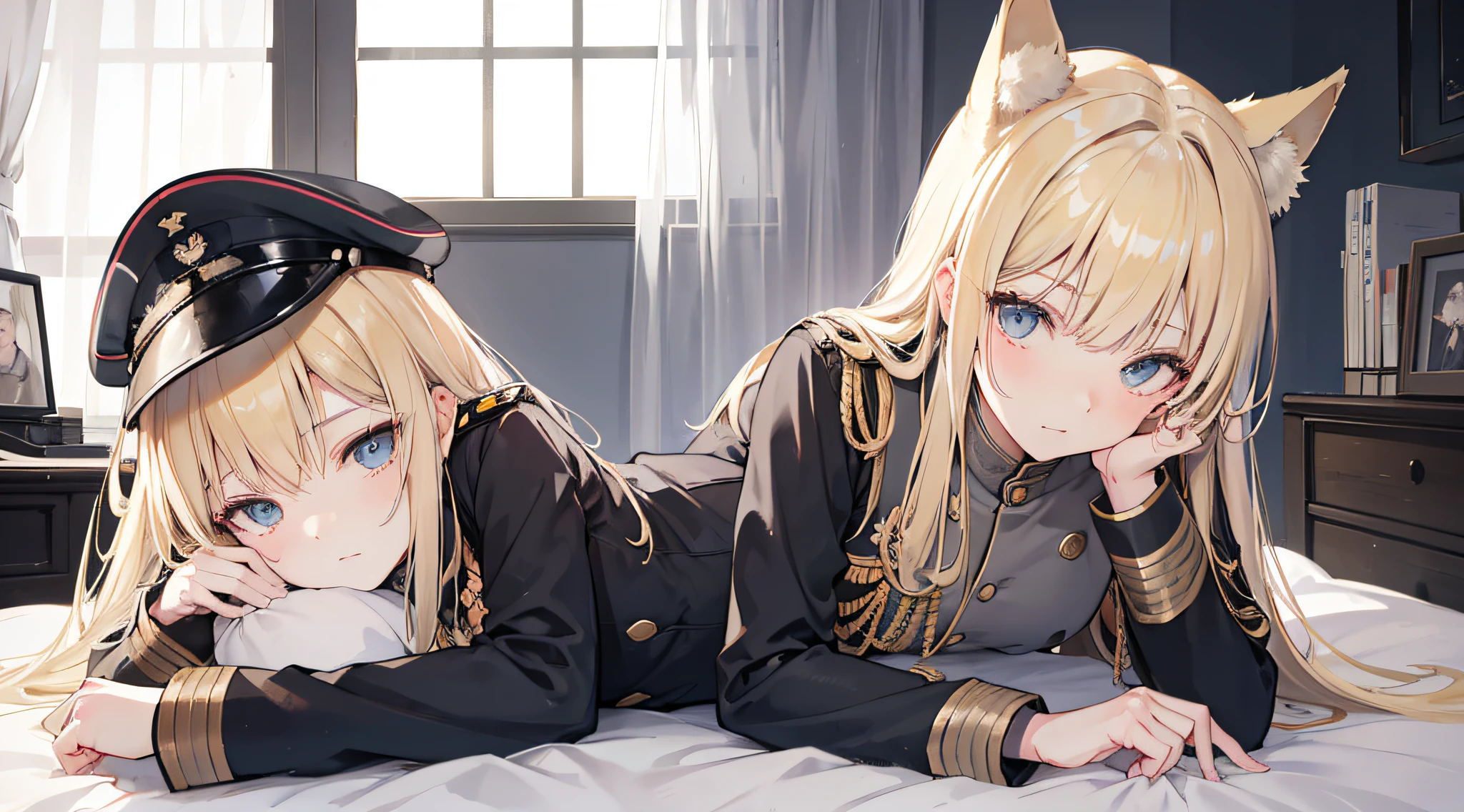 blonde girl with cat ears, wearing german military uniform, gray military uniform, looking at viewers, pervert facial expression, onee-san vibe, bedroom, night time