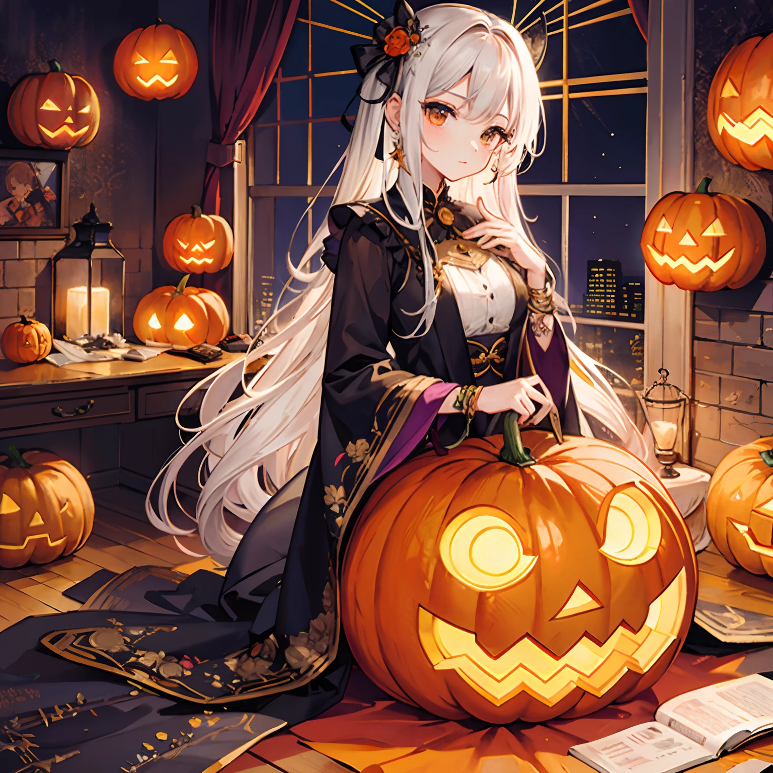 masterpiece、top-quality、top-quality、Official art、(Beautiful and aesthetic:1.3)、ighly detailed、Halloween、Orange pumpkin