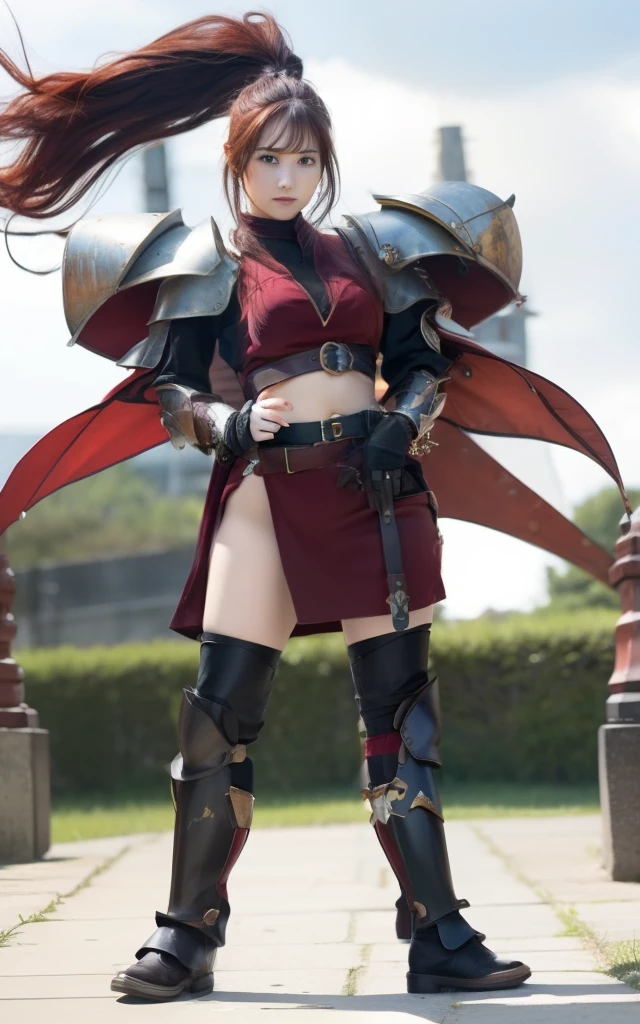 infp young woman、、large full breasts、beautiful foot、Red-haired、、Good Style、、a miniskirt、Rusty armor、、Leg armor、