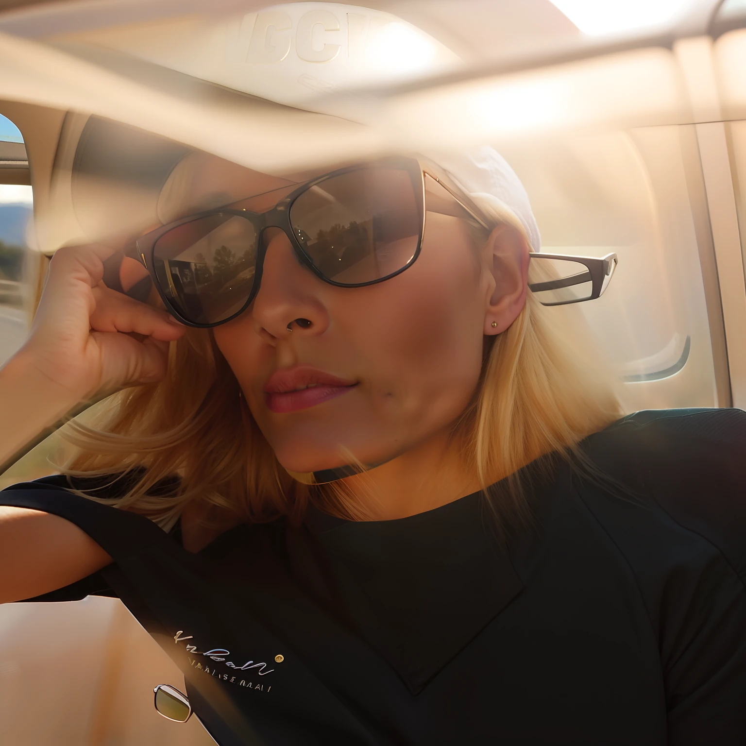 Blonde woman wearing sunglasses and a hat in a car, wearing sunglasses and a cap, wearing sunglasses and a hat, wearing versace sunglasses, wearing a travel hat, olhando heckin legal e elegante, androgynous person, wearing oakley sunglasses, 38 anos, 3 6 anos, attractive androgynous humanoid, olhando para frente