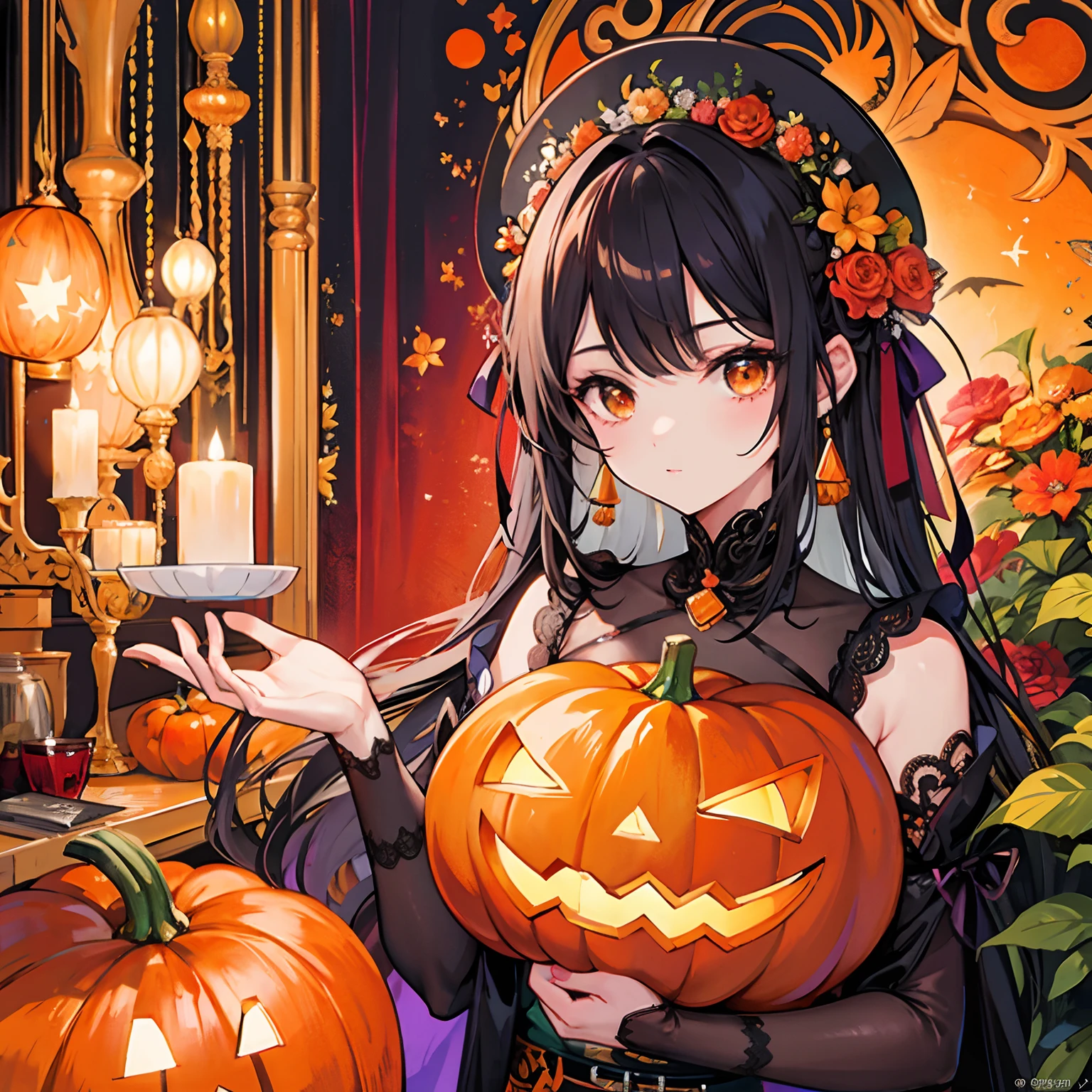 ​masterpiece、top-quality、top-quality、Official art、(Beautiful and aesthetic:1.3)、ighly detailed、Halloween、Orange pumpkin