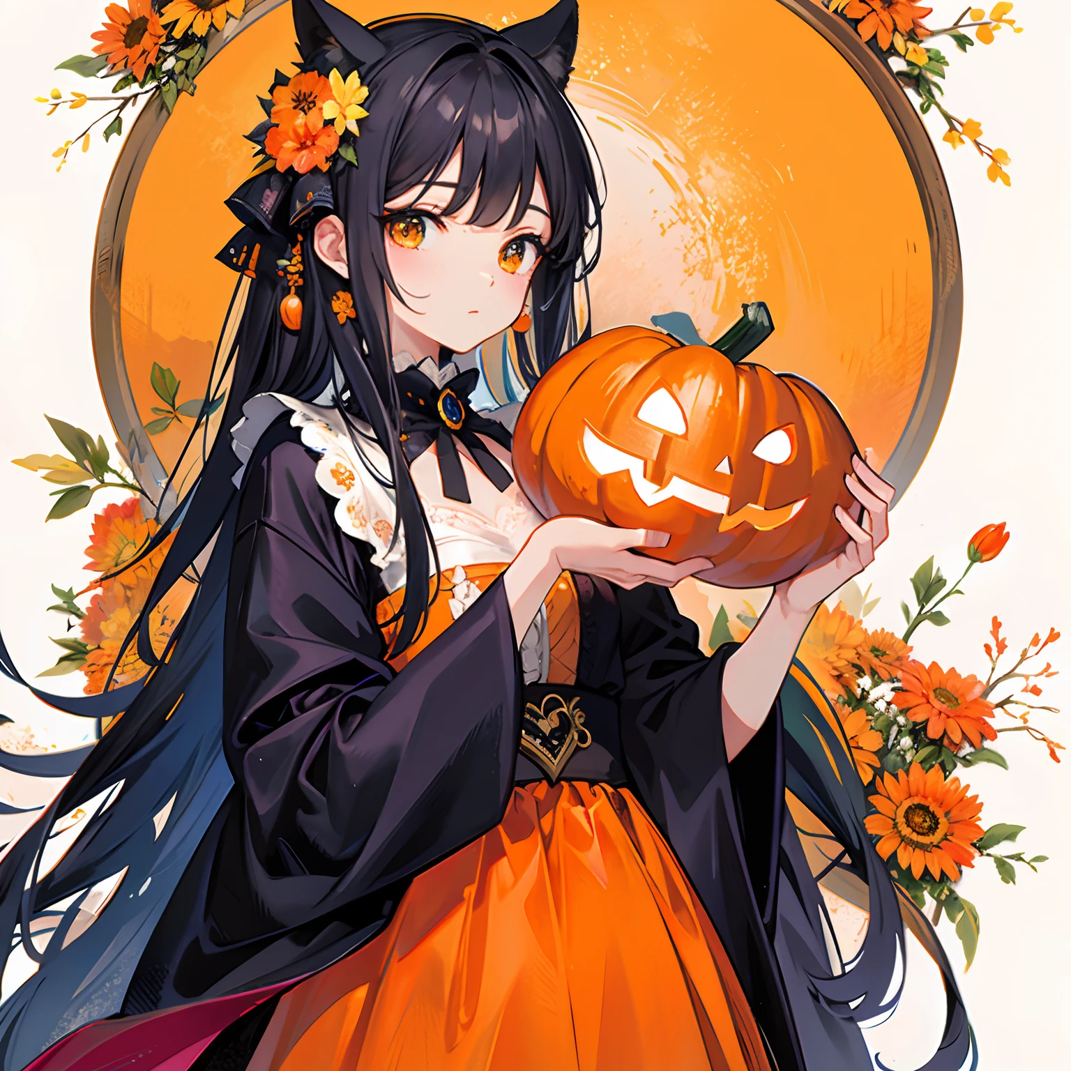 hutaodef, with her fiery personality, in a spooky kitsune costume, complete with a devilish tail, IncrsTailsFixer, (kitsunemimi:1.2), ((black) fox tail:1.4), fox ears, (tail on back:1.2), from behind, holds Pumpkin Candy Jar, Candy and treats, scene illuminated by soft glow of jack-o'-lanterns, eerie shadows, One leg lifted, Halloween style, little ghost, Fire lanterns, (Inclined forward:1.3),